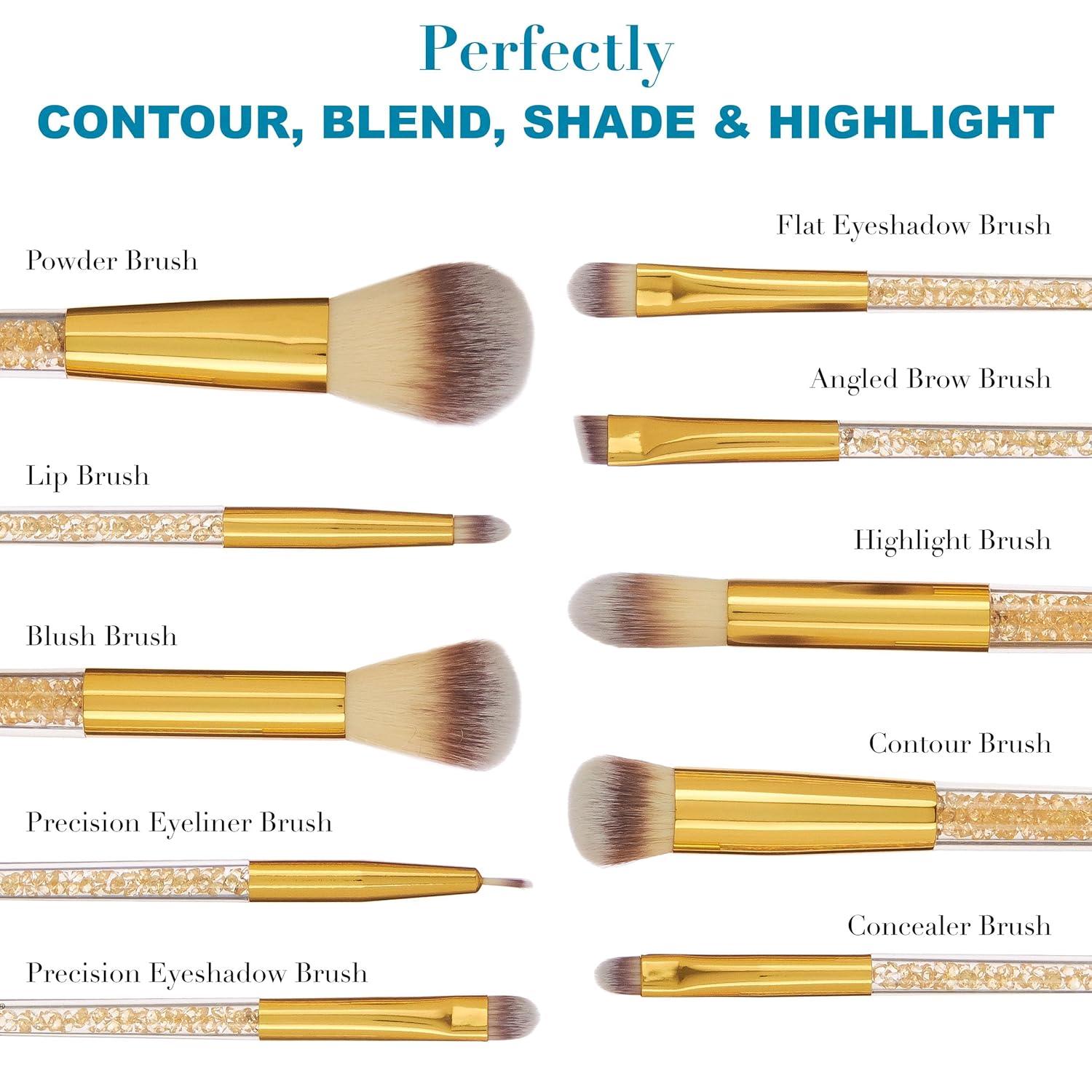 image:image10pc Pro Makeup Brush Set wSparkling Gemstones in Gold 10 Quality Soft Bristle Makeup Brushes For Everyday Use Professional Makeup Brushes amp ToolsGold