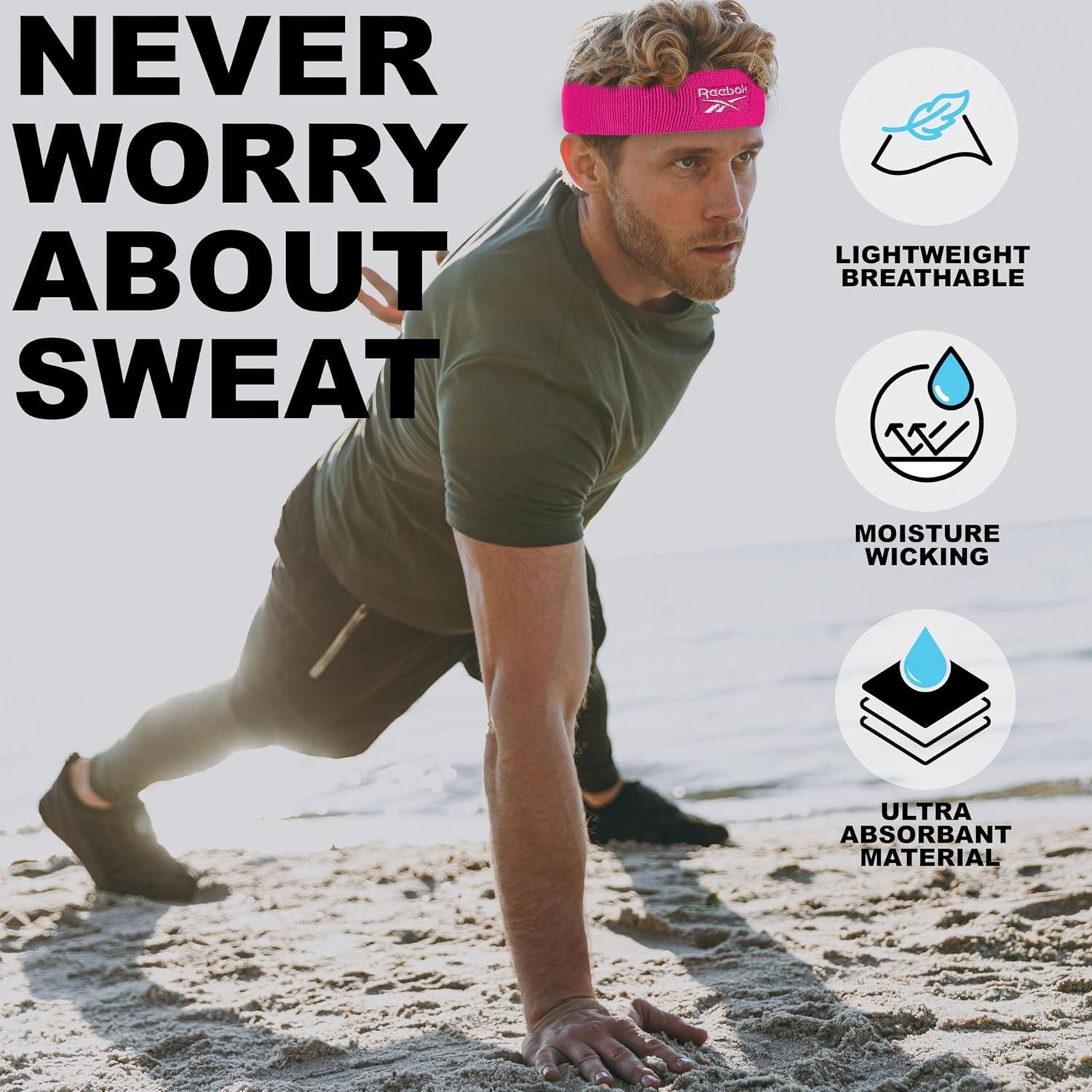 image:image1pc Unisex Athletic Sweatband 225in Thick Workout Headband wStay Dry Technology MoistureWicking FabricQuality Gym Hair Accessories for Active ComfortReebokpink