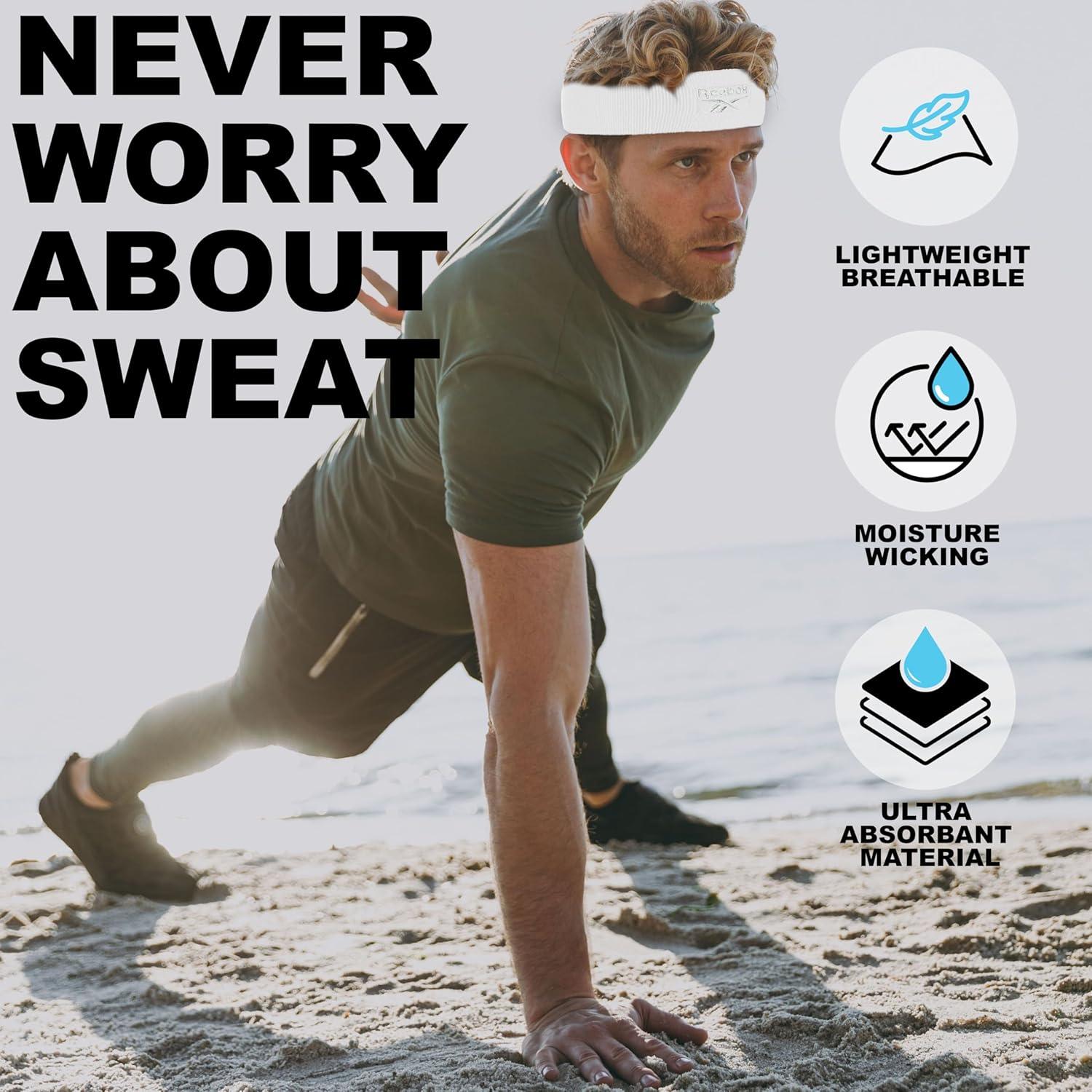 image:image1pc Unisex Athletic Sweatband 225in Thick Workout Headband wStay Dry Technology MoistureWicking FabricQuality Gym Hair Accessories for Active ComfortReebokwhite