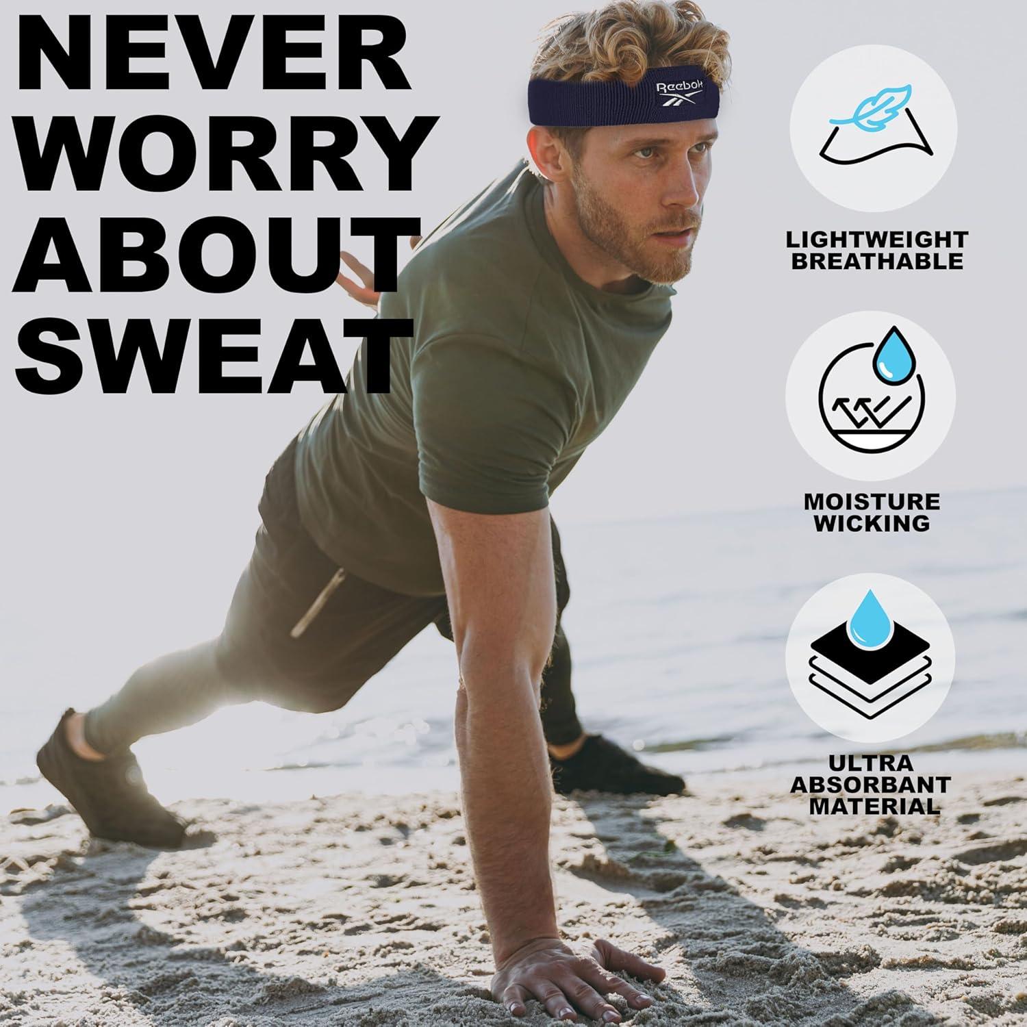 image:image1pc Unisex Athletic Sweatband 225in Thick Workout Headband wStay Dry Technology MoistureWicking FabricQuality Gym Hair Accessories for Active ComfortReebokblue