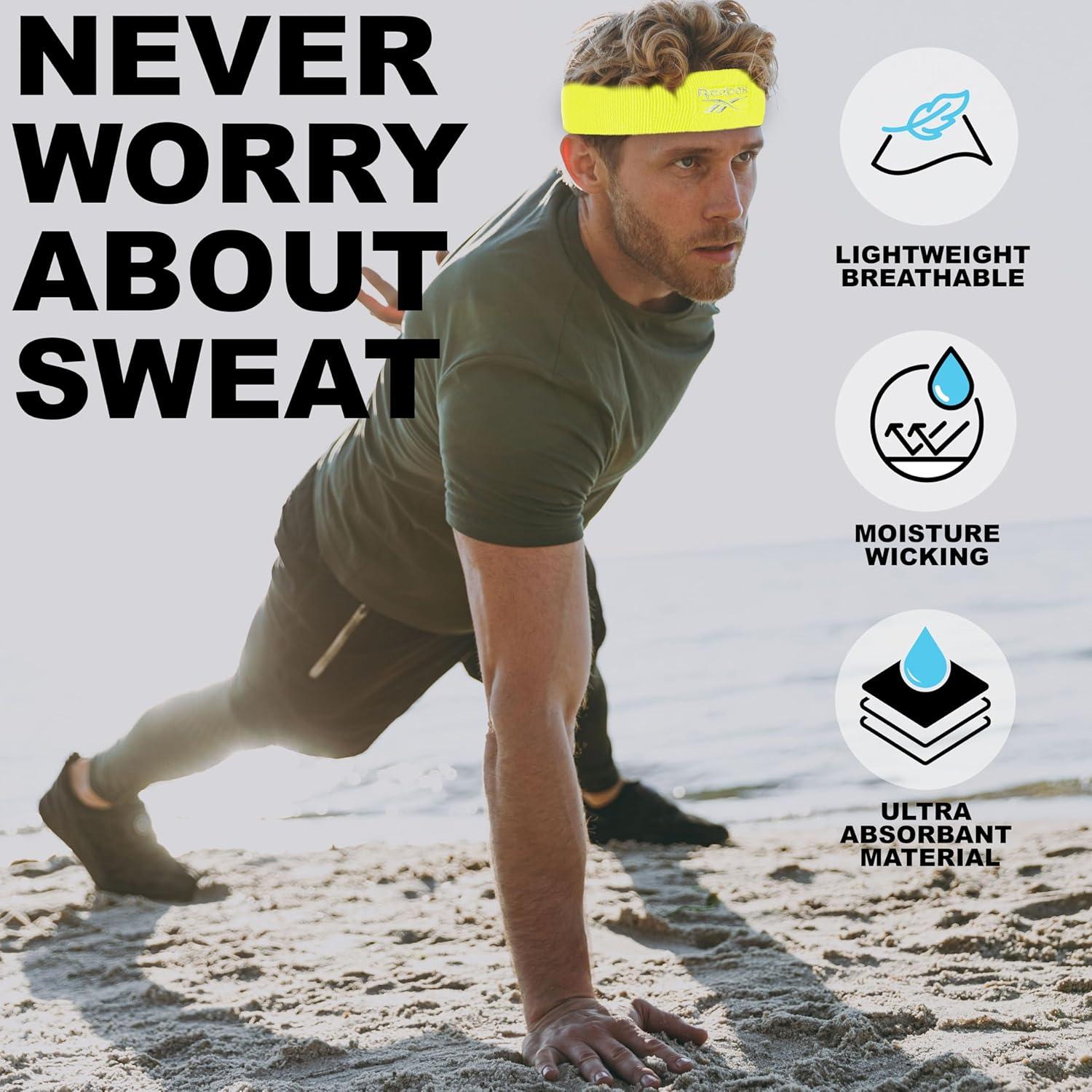 image:image1pc Unisex Athletic Sweatband 225in Thick Workout Headband wStay Dry Technology MoistureWicking FabricQuality Gym Hair Accessories for Active ComfortReebokyellow