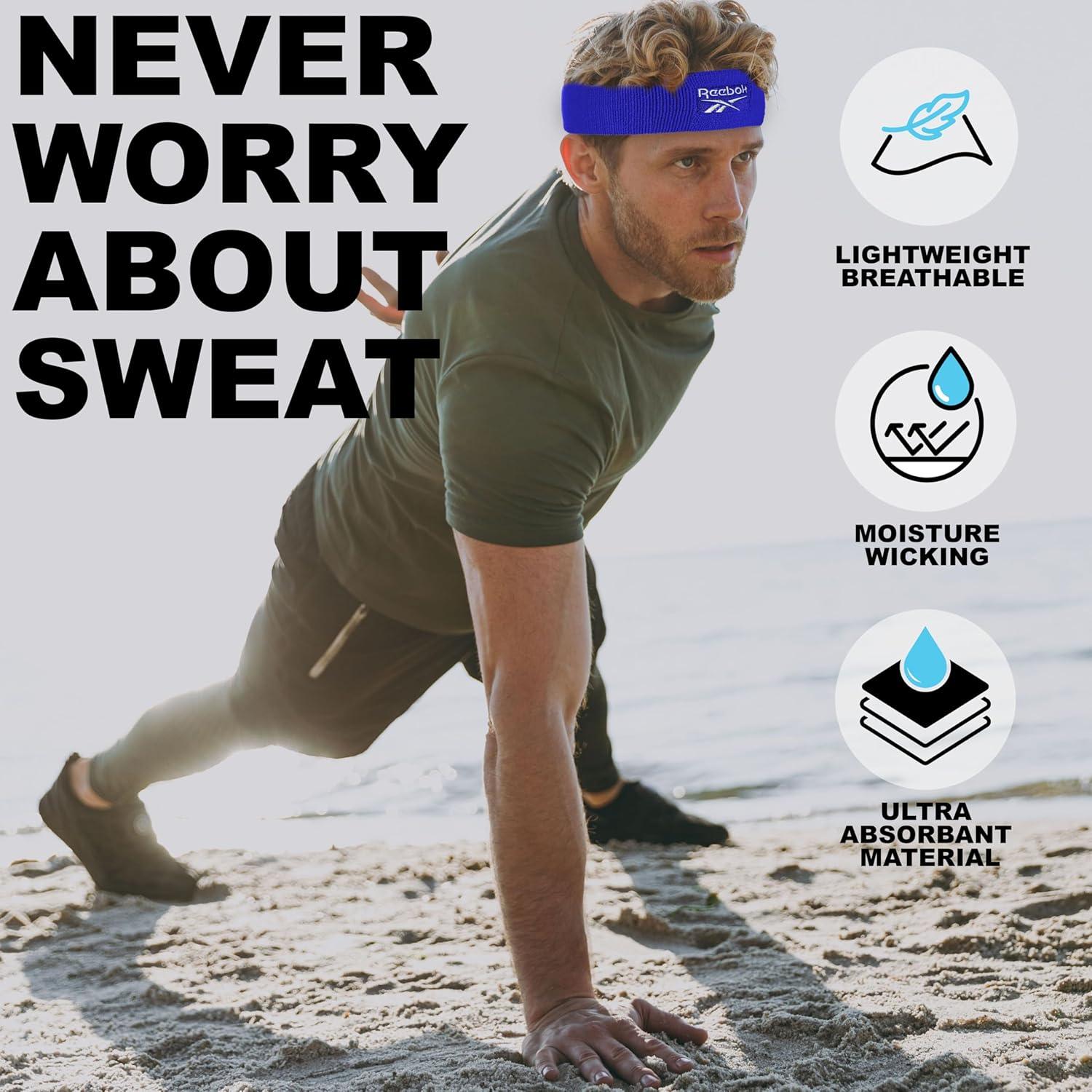 image:image1pc Unisex Athletic Sweatband 225in Thick Workout Headband wStay Dry Technology MoistureWicking FabricQuality Gym Hair Accessories for Active ComfortReeboknavy