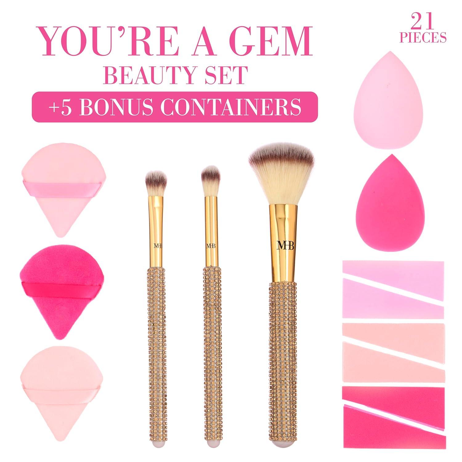 image:image21pc Beauty Set Glam Gem Rhinestone Handle Brush Collection with Assorted Blender Sponge Wedge Cosmetic Application Tools Kit for Face