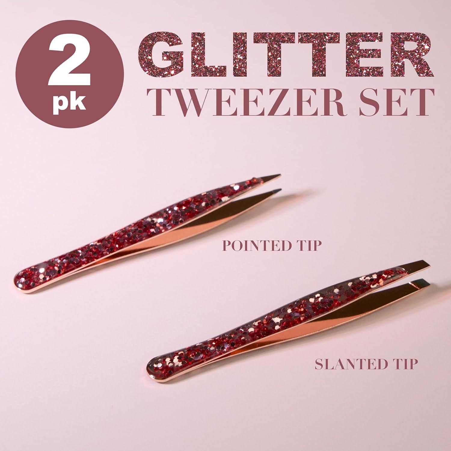 image:image2pc Glitter Tweezer Set in Rose Gold Pointed For Fine Ingrown Hair amp Slanted For Precision Grooming Pack of 2 Tweezers For Women Everyday Hair Tweezers For PluckingRose Gold