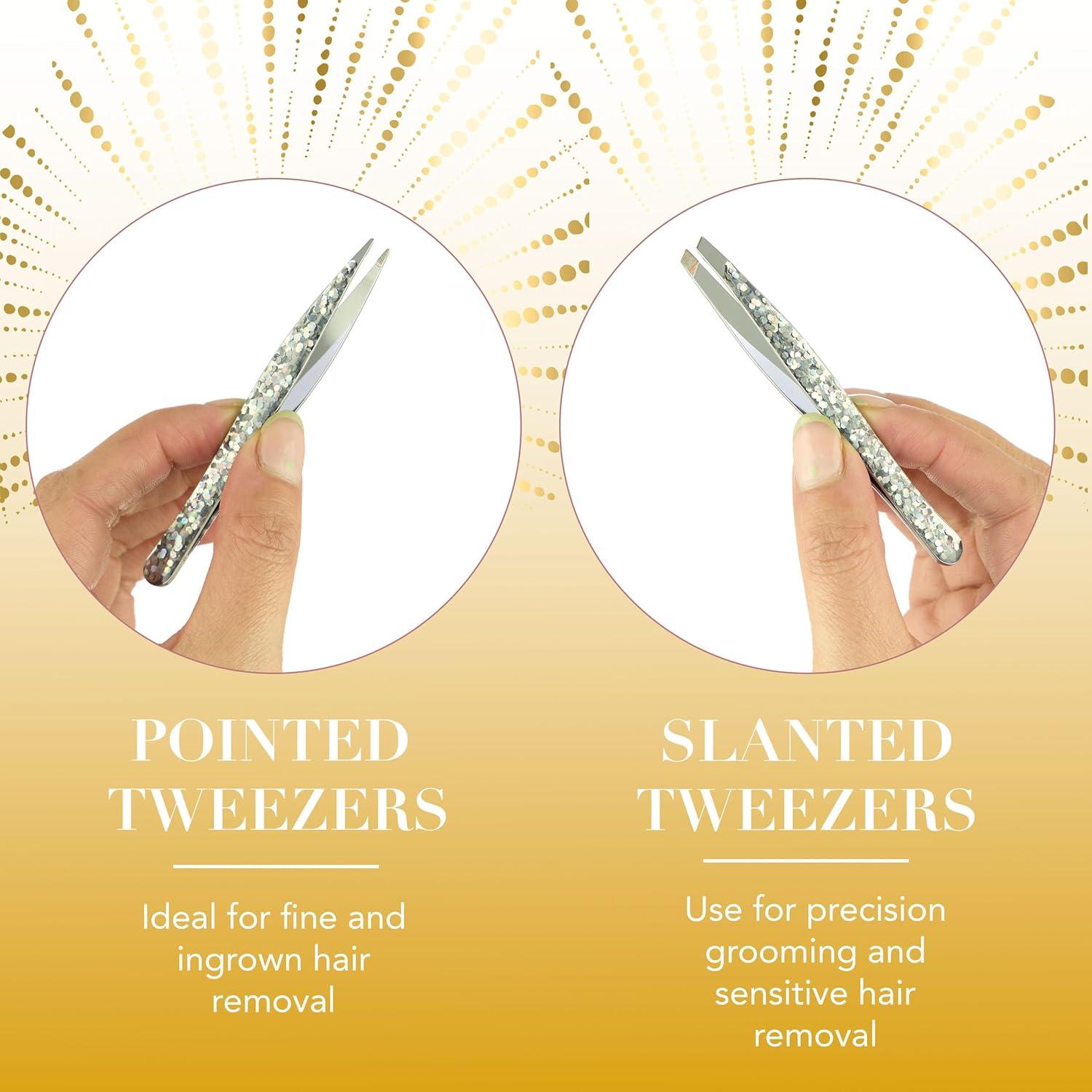 image:image2pc Glitter Tweezer Set in Rose Gold Pointed For Fine Ingrown Hair amp Slanted For Precision Grooming Pack of 2 Tweezers For Women Everyday Hair Tweezers For PluckingSilver