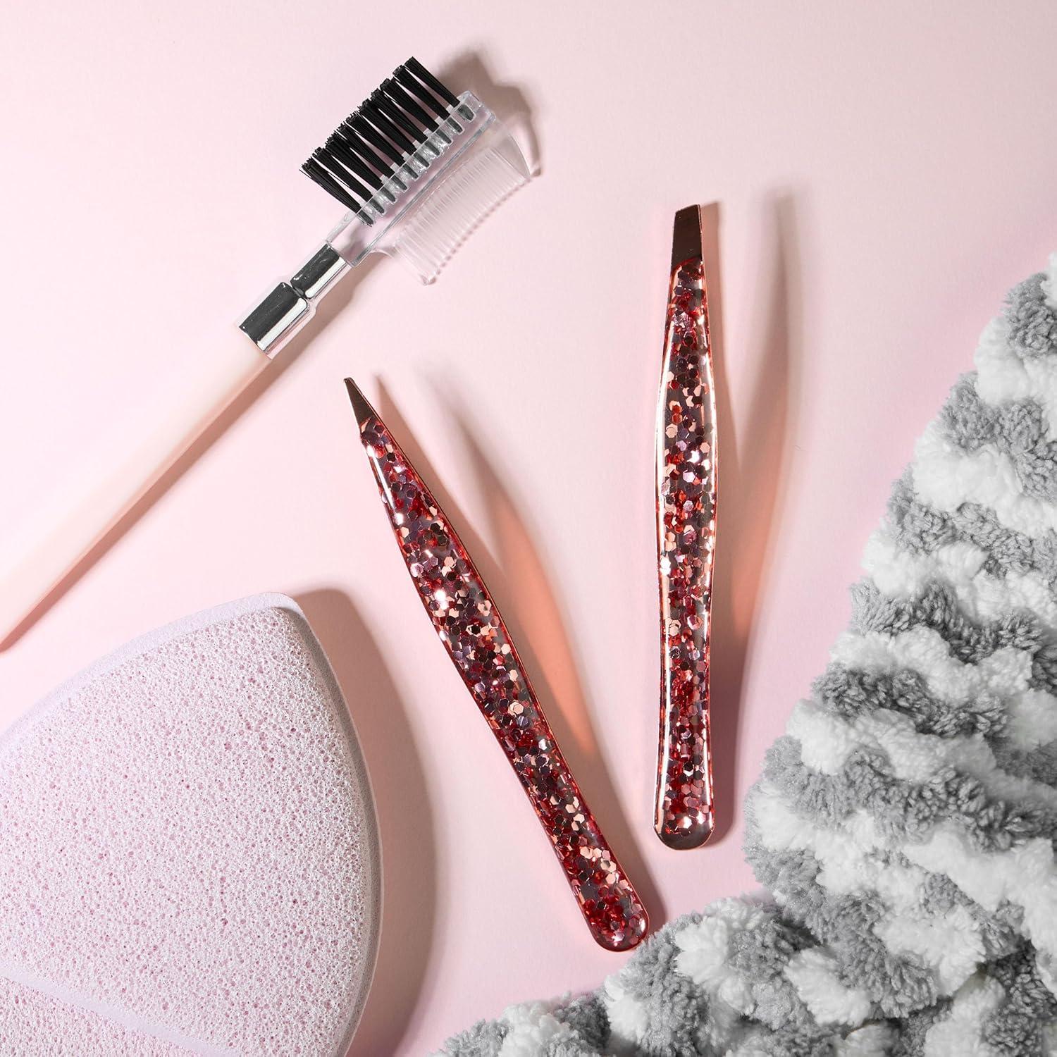 image:image2pc Glitter Tweezer Set in Rose Gold Pointed For Fine Ingrown Hair amp Slanted For Precision Grooming Pack of 2 Tweezers For Women Everyday Hair Tweezers For PluckingRose Gold
