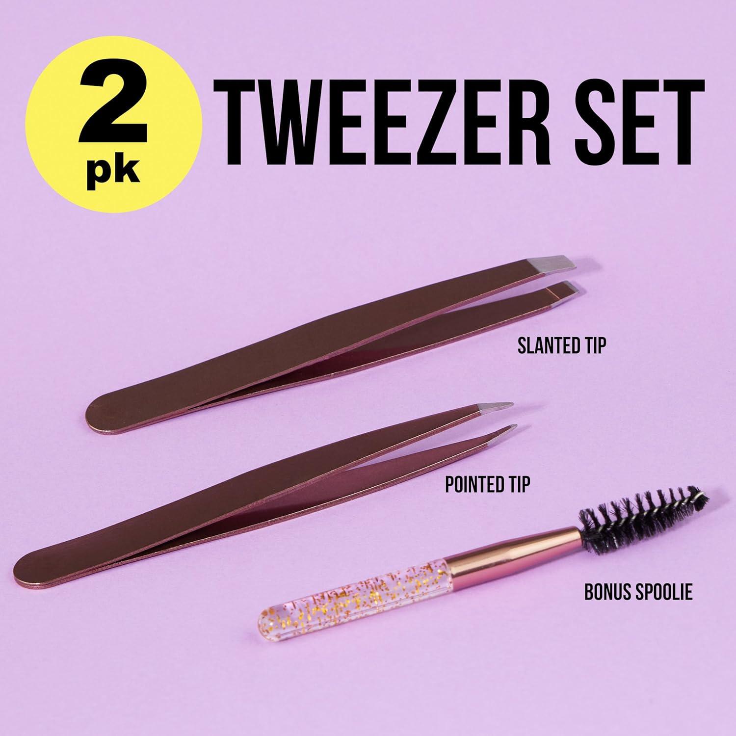 image:image3pc Black Tweezer Set amp Glitter Spoolie Hair Removal TweezersAngled and Pointed Tweezer Set Precision Tweezers amp Eyelash Spoolie SetRose Gold