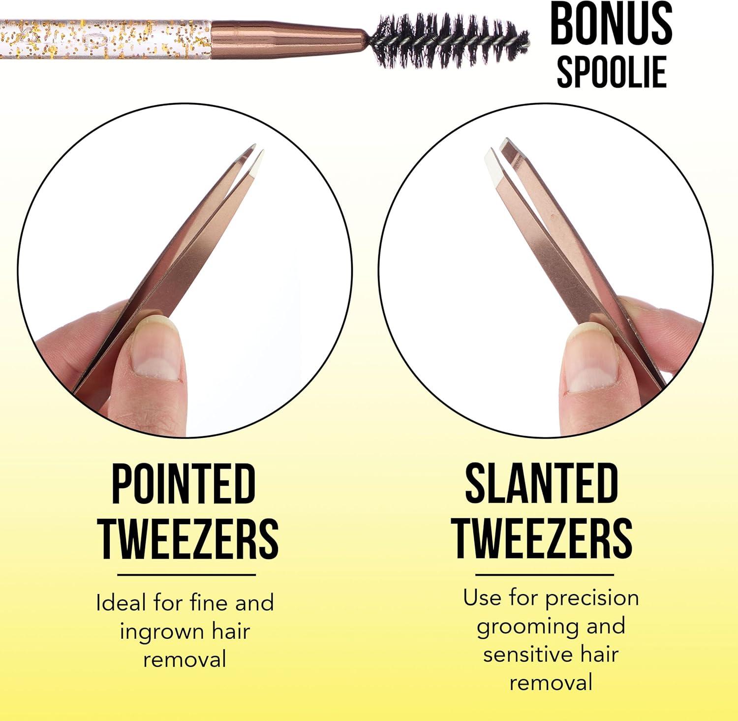 image:image3pc Black Tweezer Set amp Glitter Spoolie Hair Removal TweezersAngled and Pointed Tweezer Set Precision Tweezers amp Eyelash Spoolie SetRose Gold