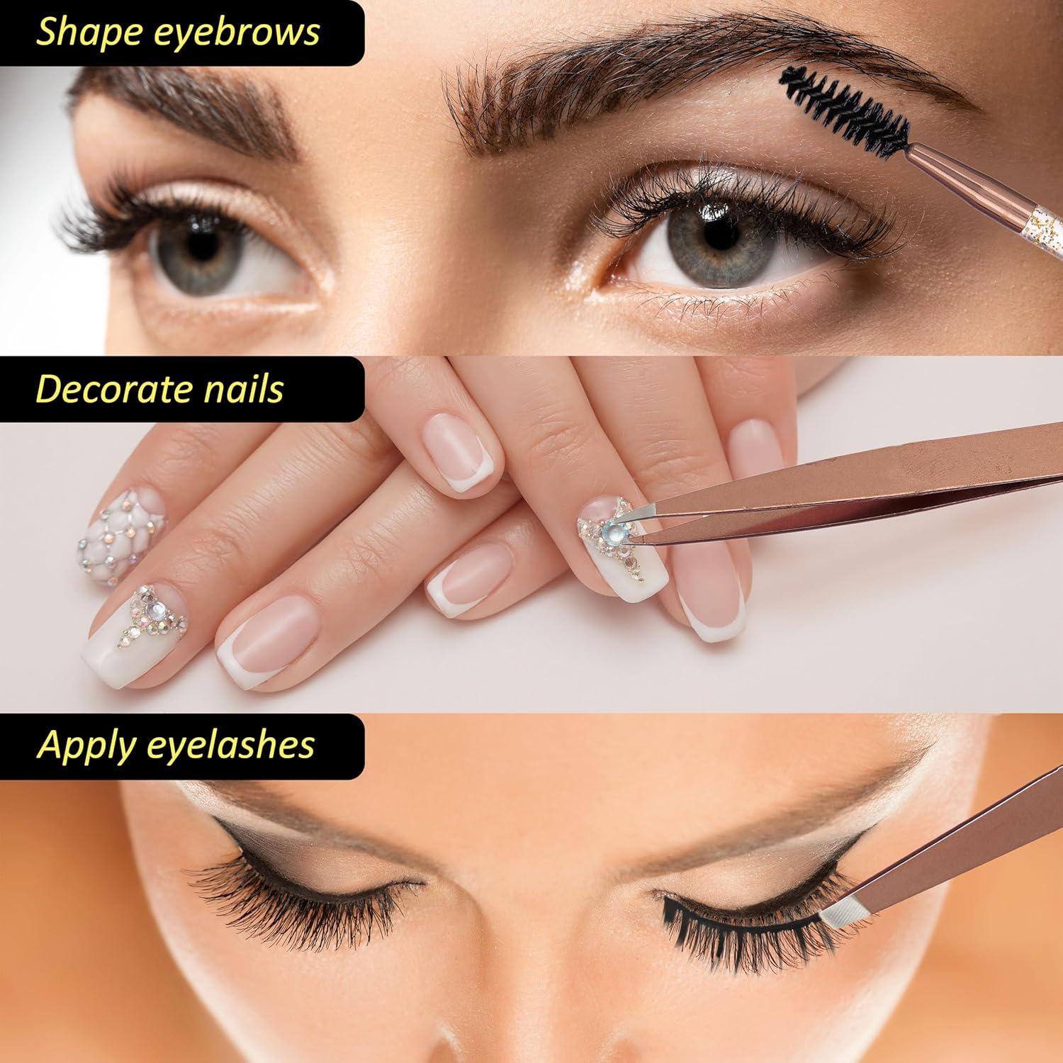 image:image3pc Black Tweezer Set amp Glitter Spoolie Hair Removal TweezersAngled and Pointed Tweezer Set Precision Tweezers amp Eyelash Spoolie SetRose Gold