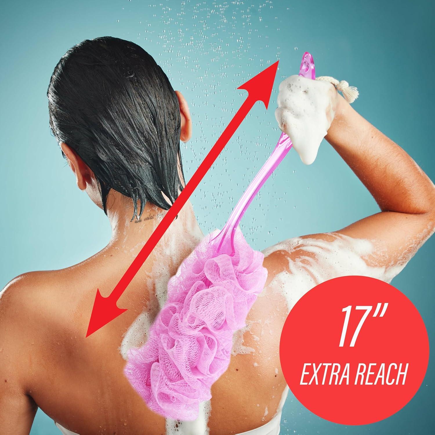image:image3pc Luxury Loofah Set Round Loofah Stick Shower Scrubber with Long Handle and Loop for Easy Hanging Exfoliating Body Scrubber Value PackMulti