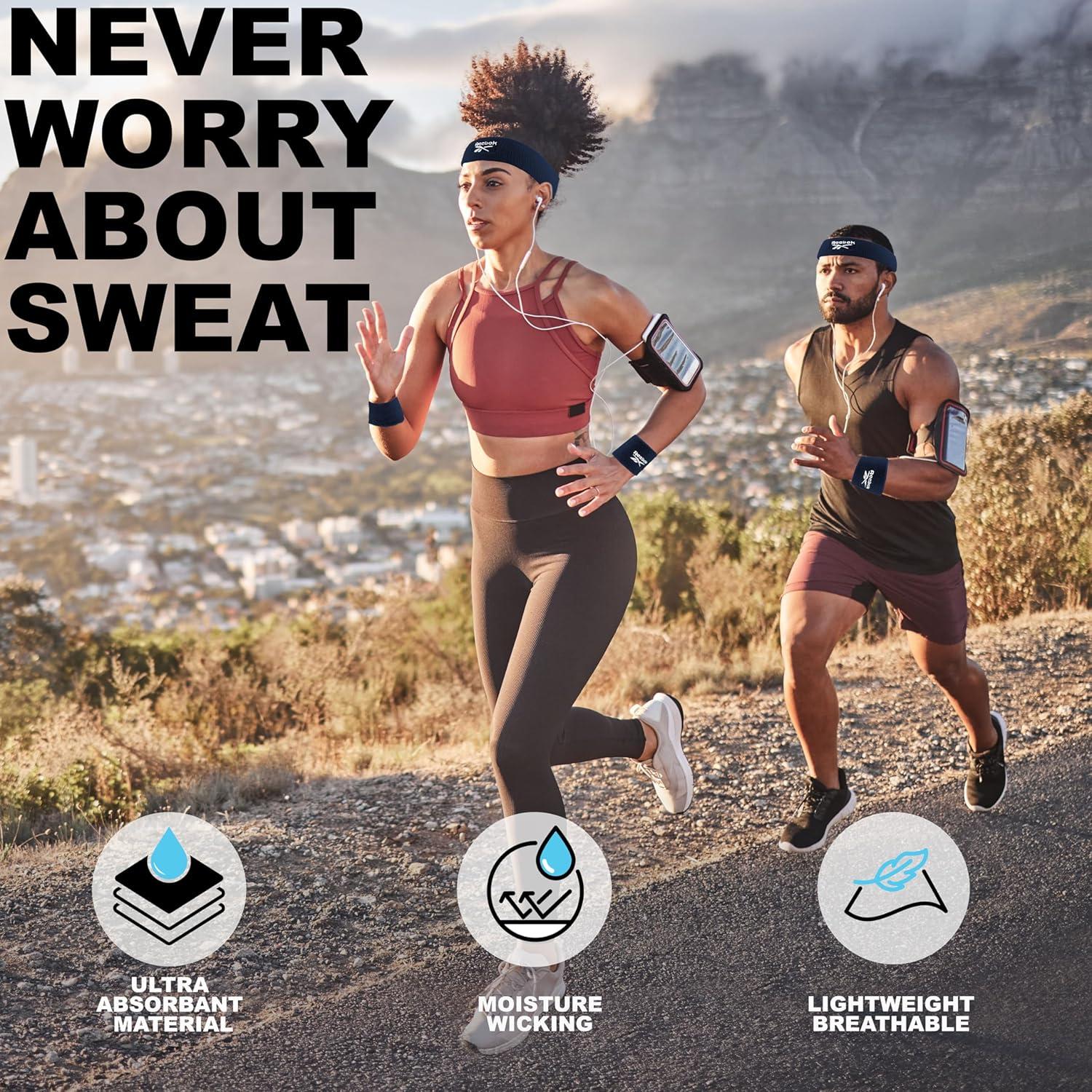 image:image3pc Unisex Athletic Sweatband Set 225in Workout Headband amp 325in Wristbands wStay Dry Technology Terry Cloth Band MoistureWicking Fabric Quality Fitness Accessories for Active ComfortReebokNavy
