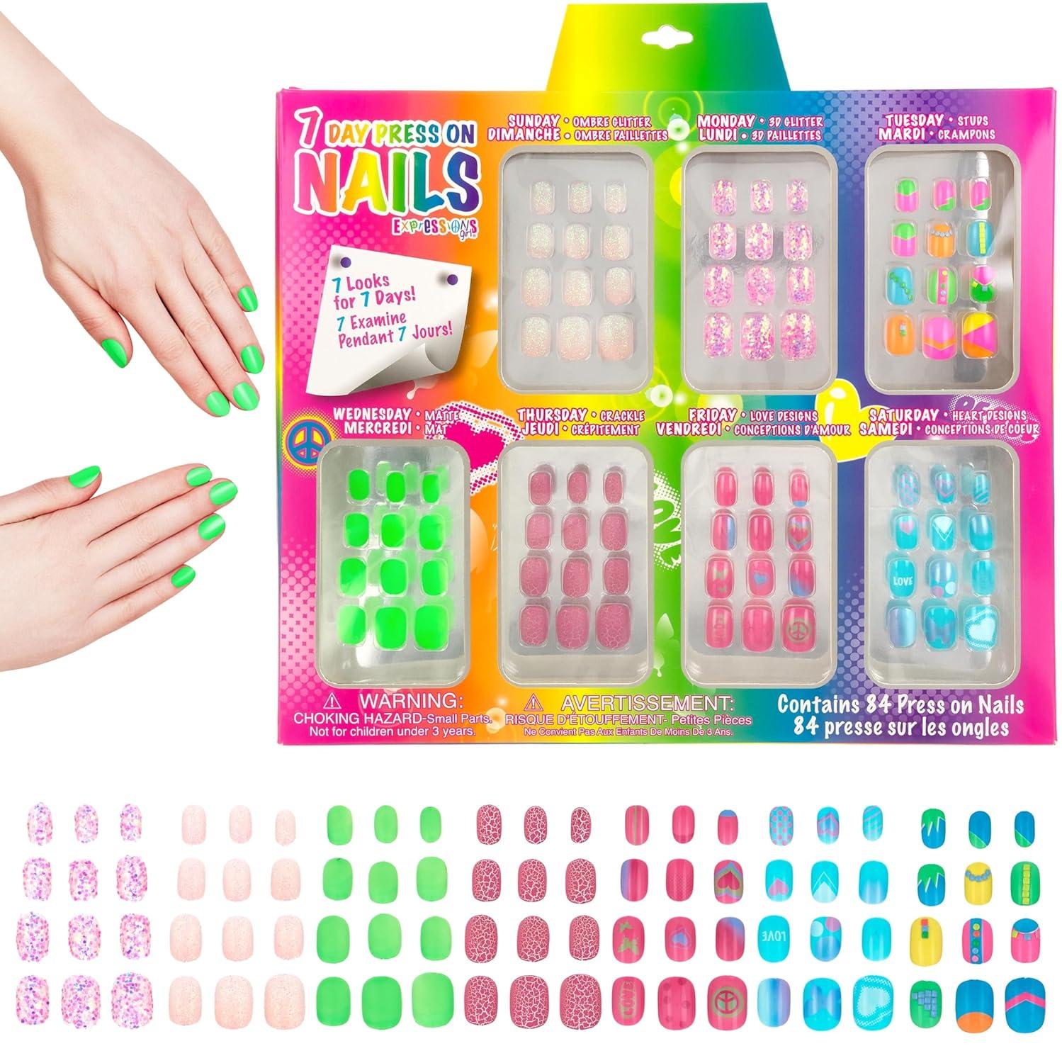 image:image7 Day Manicure Collection 84PC Press On Nail Set DayOfTheWeek Adhesive False Nails for Girls PARIS LOVE Collection Colorful Novelty Designs Stick On Nails For KidsBright