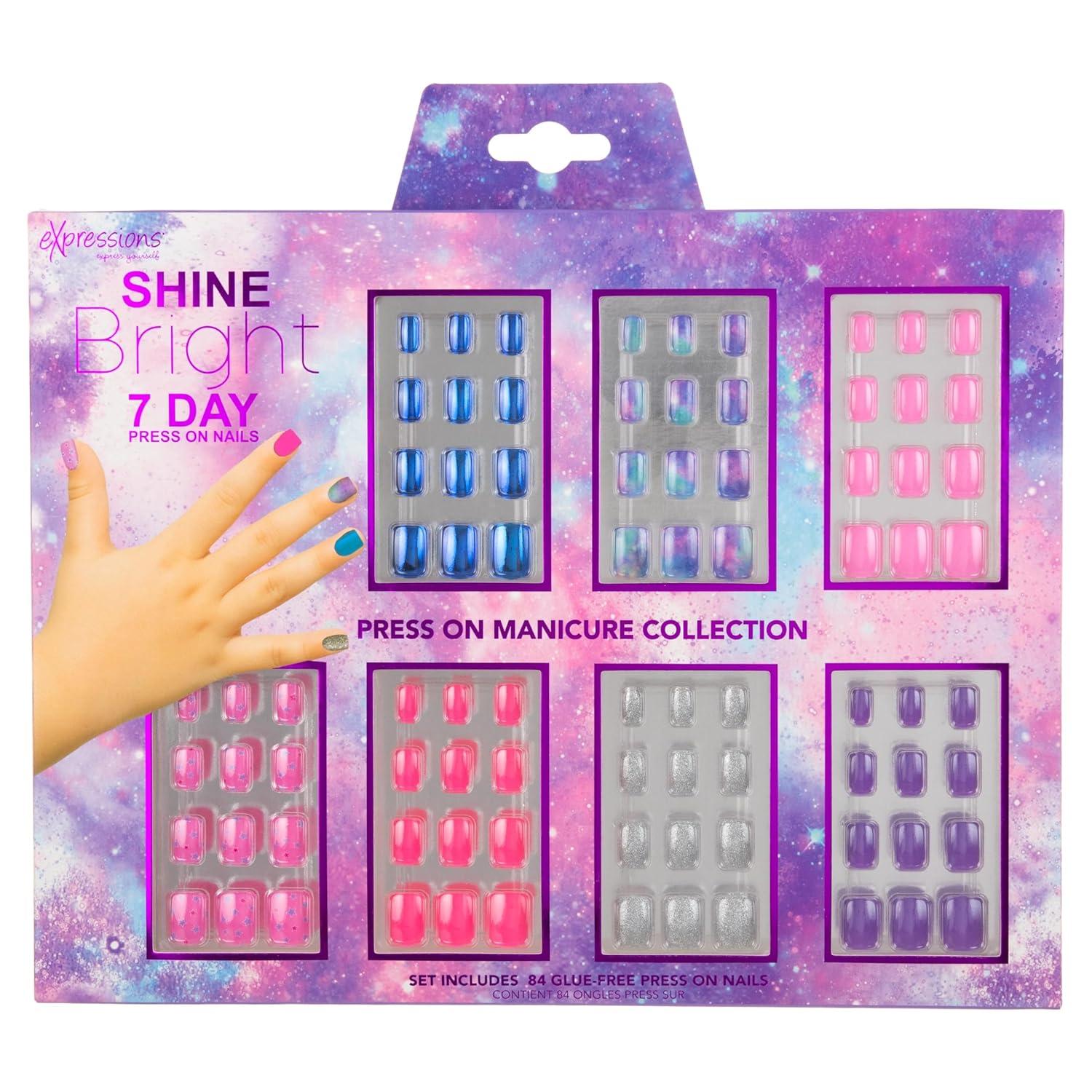 image:image7 Day Manicure Collection 84PC Press On Nail Set DayOfTheWeek Adhesive False Nails for Girls PARIS LOVE Collection Colorful Novelty Designs Stick On Nails For KidsShine Bright
