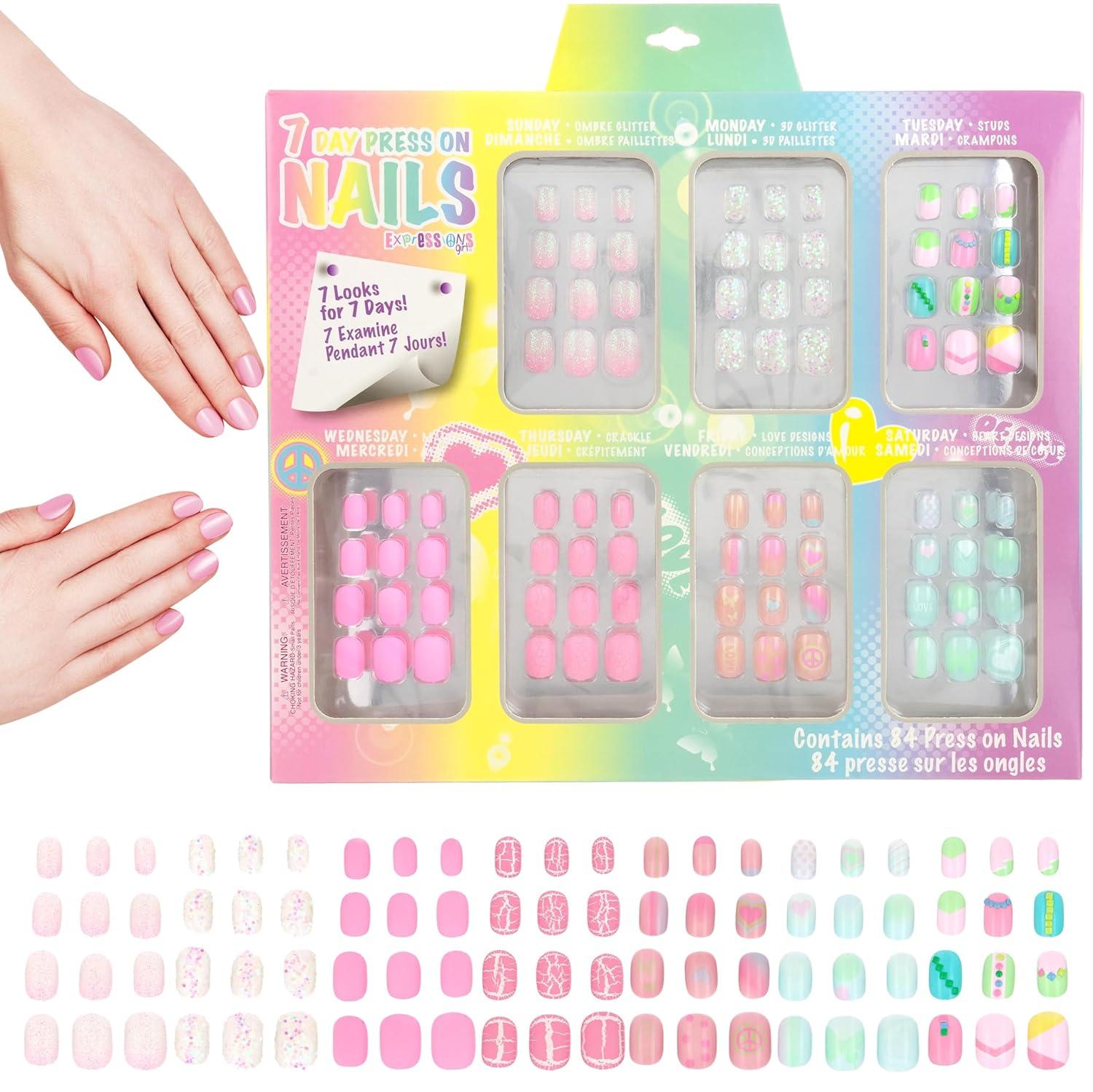 image:image7 Day Manicure Collection 84PC Press On Nail Set DayOfTheWeek Adhesive False Nails for Girls PARIS LOVE Collection Colorful Novelty Designs Stick On Nails For KidsBright