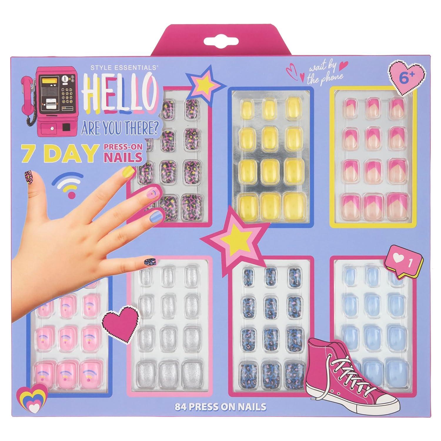 image:image7 Day Manicure Collection 84PC Press On Nail Set DayOfTheWeek Adhesive False Nails for Girls PARIS LOVE Collection Colorful Novelty Designs Stick On Nails For KidsHELLO