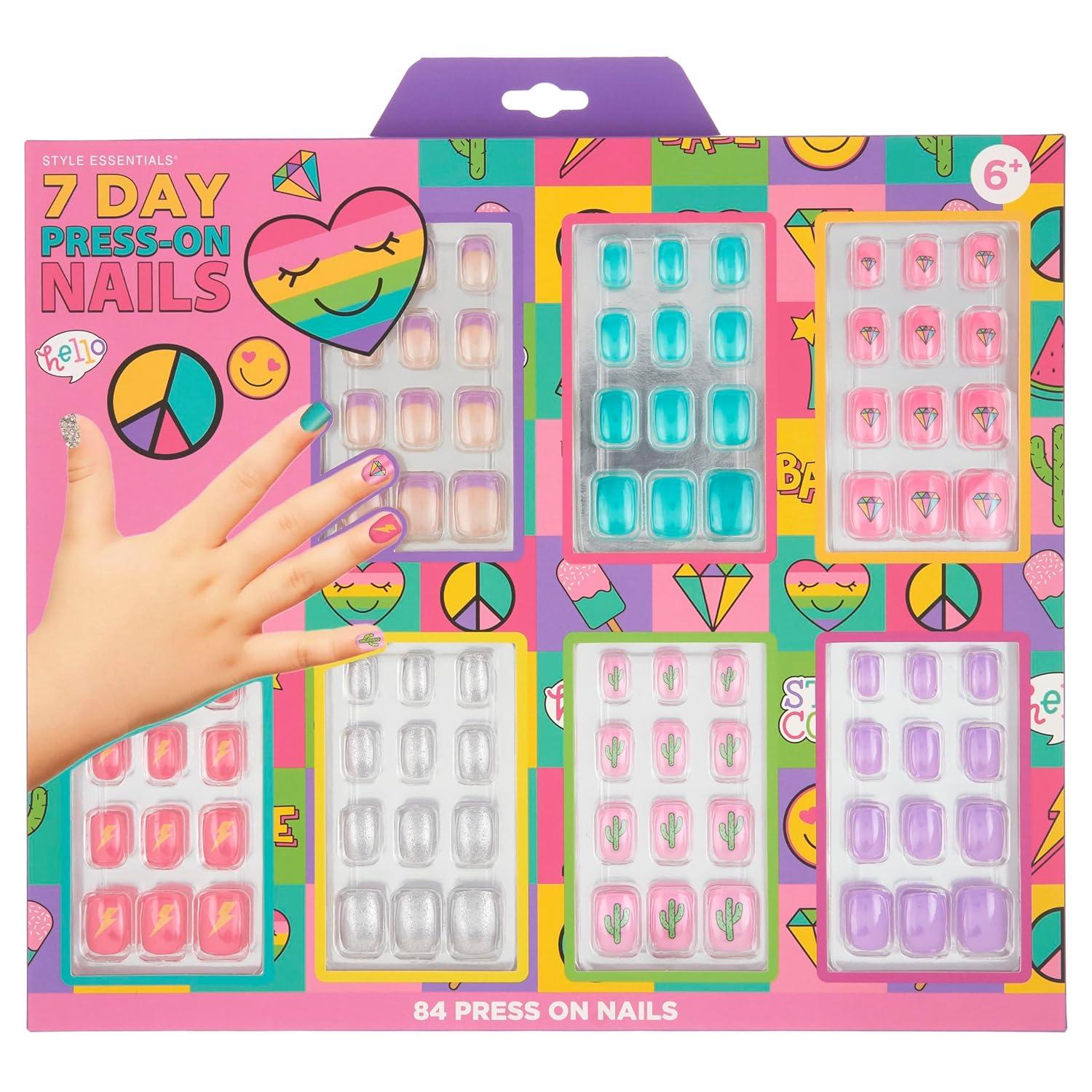 image:image7 Day Manicure Collection 84PC Press On Nail Set DayOfTheWeek Adhesive False Nails for Girls PARIS LOVE Collection Colorful Novelty Designs Stick On Nails For KidsPEACE