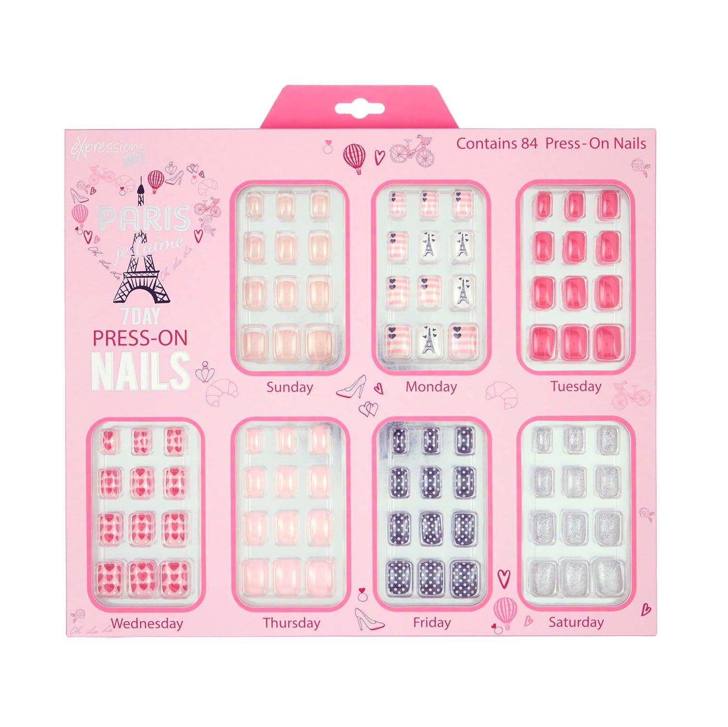 image:image7 Day Manicure Collection 84PC Press On Nail Set DayOfTheWeek Adhesive False Nails for Girls PARIS LOVE Collection Colorful Novelty Designs Stick On Nails For KidsParis