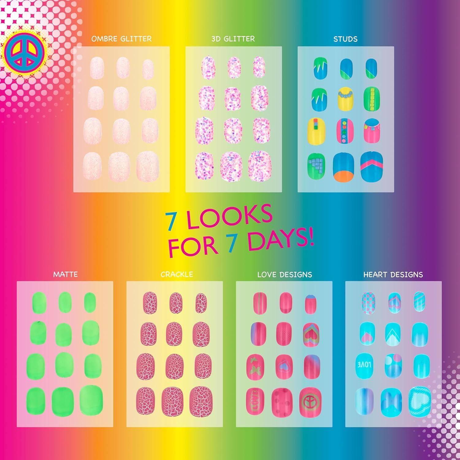 image:image7 Day Manicure Collection 84PC Press On Nail Set DayOfTheWeek Adhesive False Nails for Girls PARIS LOVE Collection Colorful Novelty Designs Stick On Nails For KidsBright