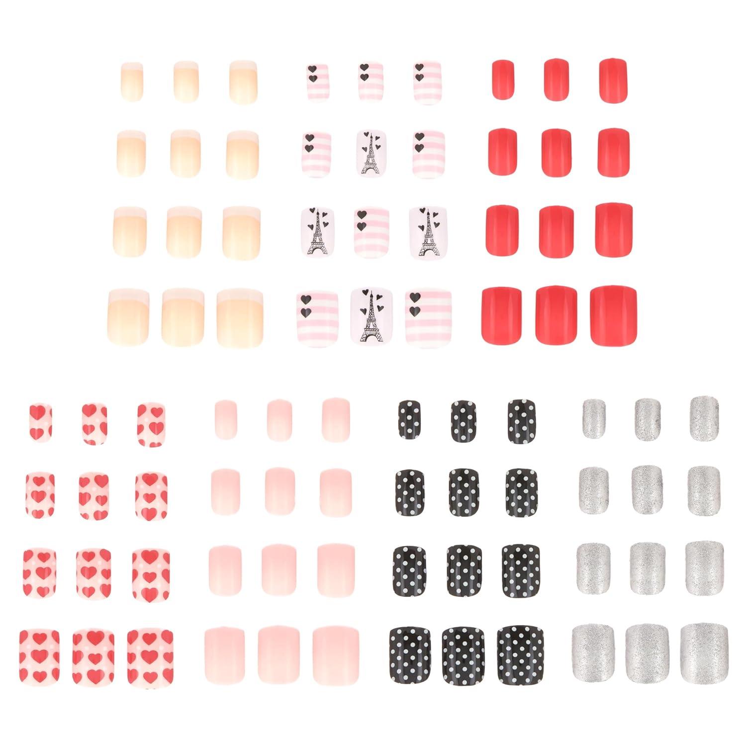 image:image7 Day Manicure Collection 84PC Press On Nail Set DayOfTheWeek Adhesive False Nails for Girls PARIS LOVE Collection Colorful Novelty Designs Stick On Nails For KidsParis
