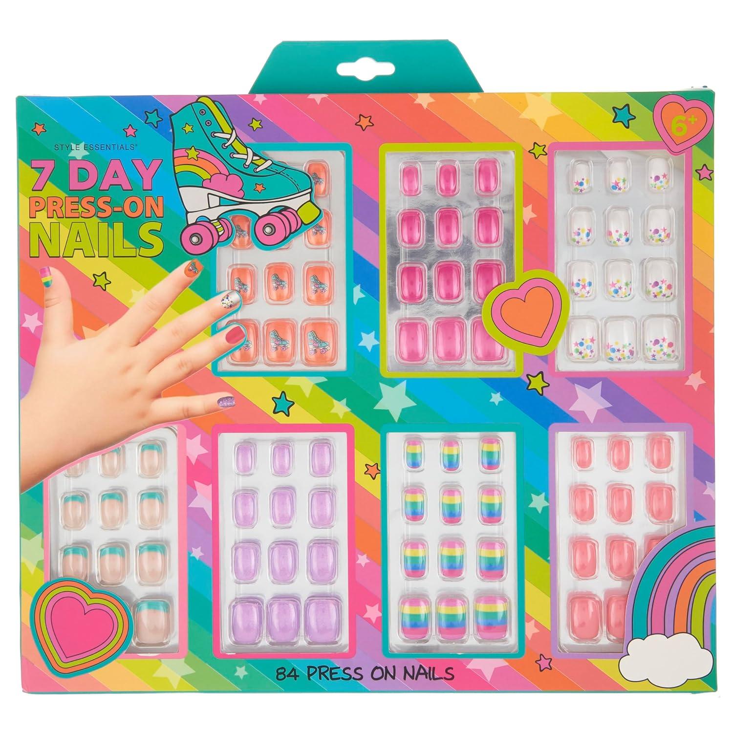 image:image7 Day Manicure Collection 84PC Press On Nail Set DayOfTheWeek Adhesive False Nails for Girls PARIS LOVE Collection Colorful Novelty Designs Stick On Nails For KidsBRIGHT RAINBOW