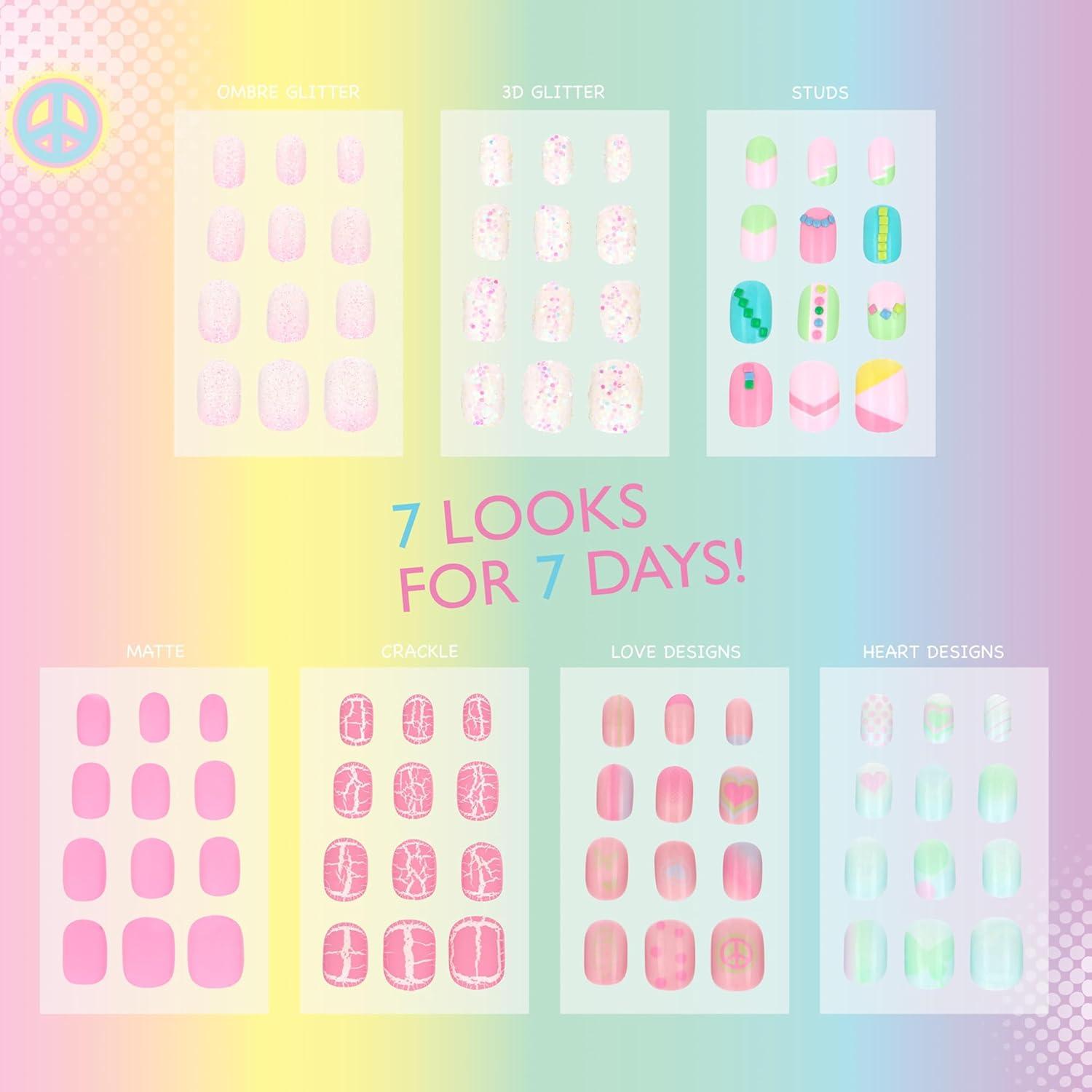 image:image7 Day Manicure Collection 84PC Press On Nail Set DayOfTheWeek Adhesive False Nails for Girls PARIS LOVE Collection Colorful Novelty Designs Stick On Nails For KidsBright