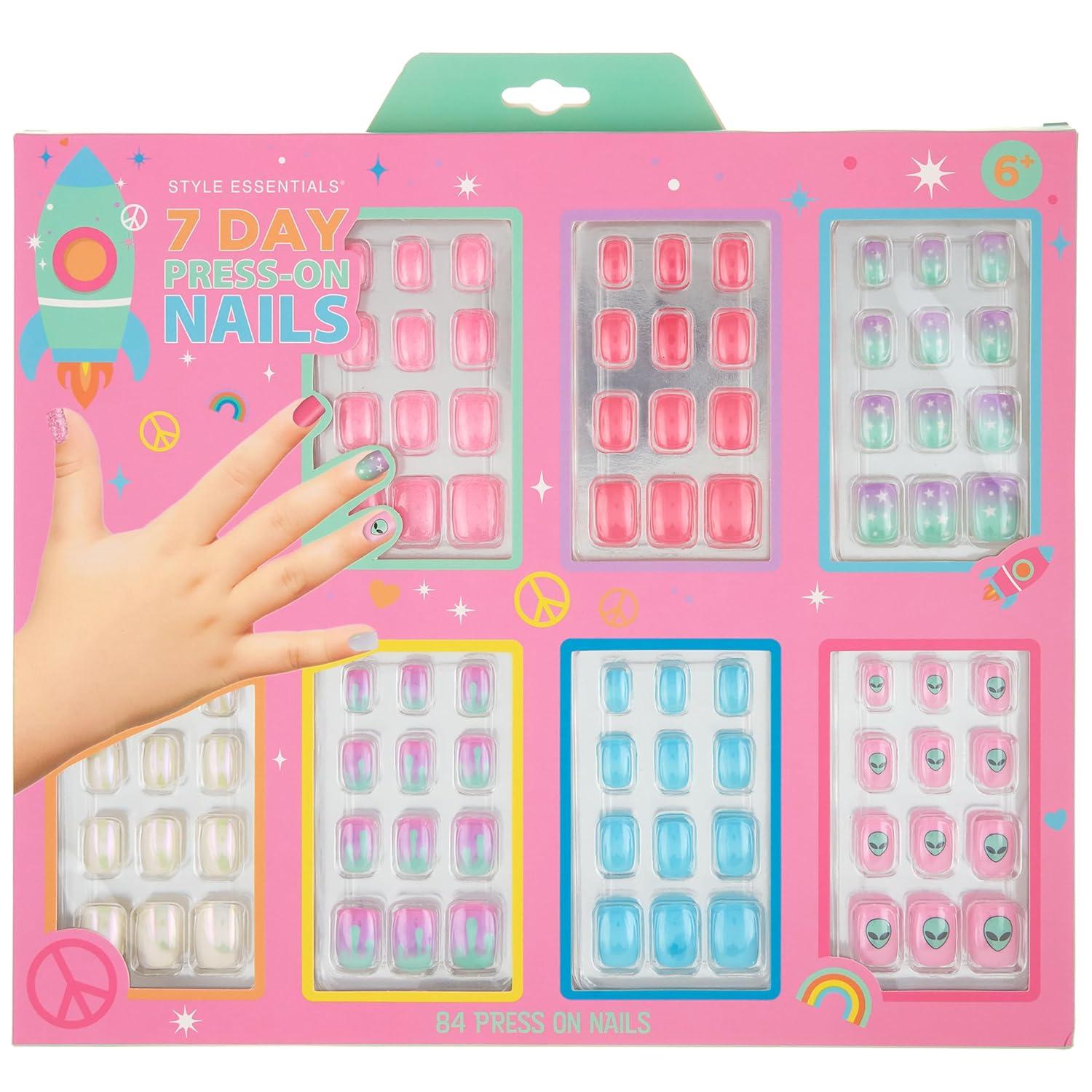 image:image7 Day Manicure Collection 84PC Press On Nail Set DayOfTheWeek Adhesive False Nails for Girls PARIS LOVE Collection Colorful Novelty Designs Stick On Nails For KidsSPACE