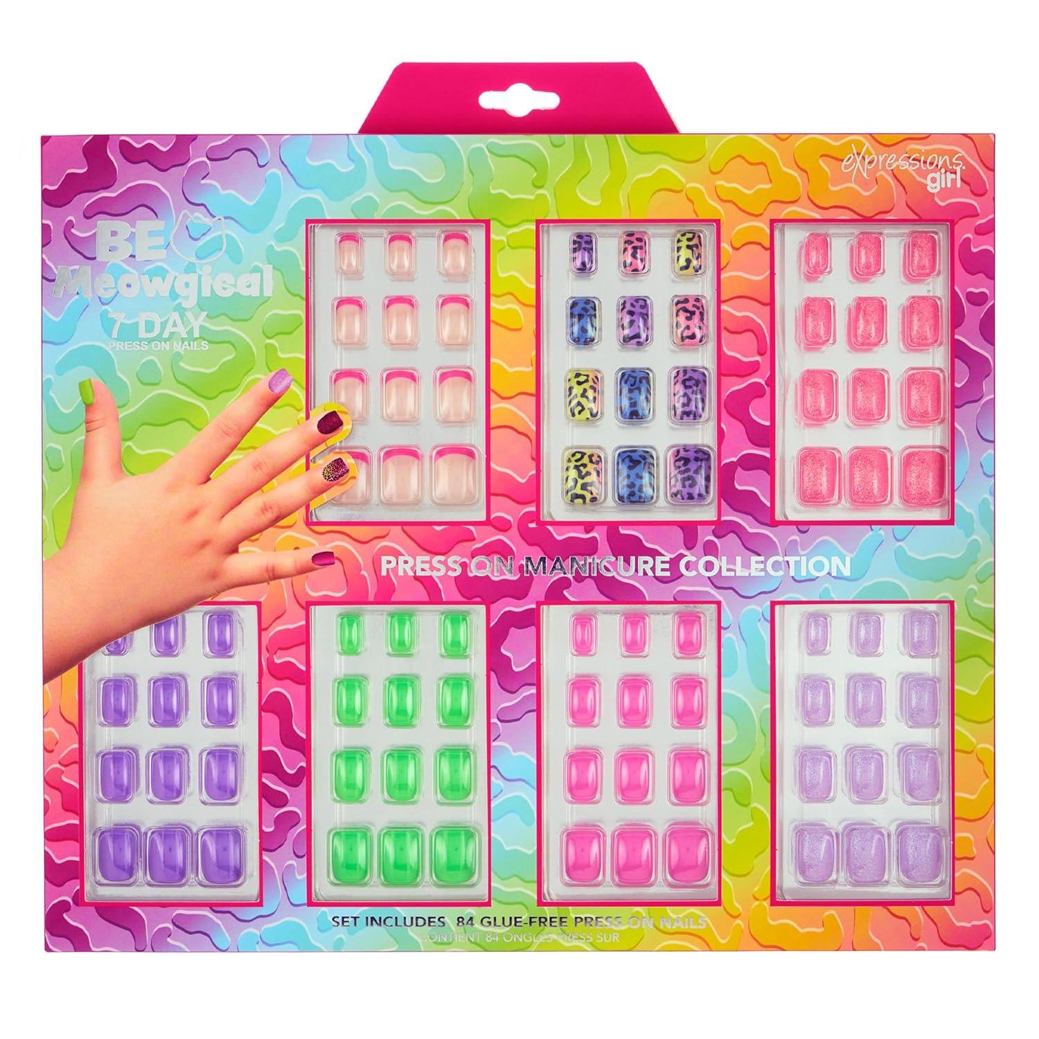 image:image7 Day Manicure Collection 84PC Press On Nail Set DayOfTheWeek Adhesive False Nails for Girls PARIS LOVE Collection Colorful Novelty Designs Stick On Nails For KidsMeowgirl