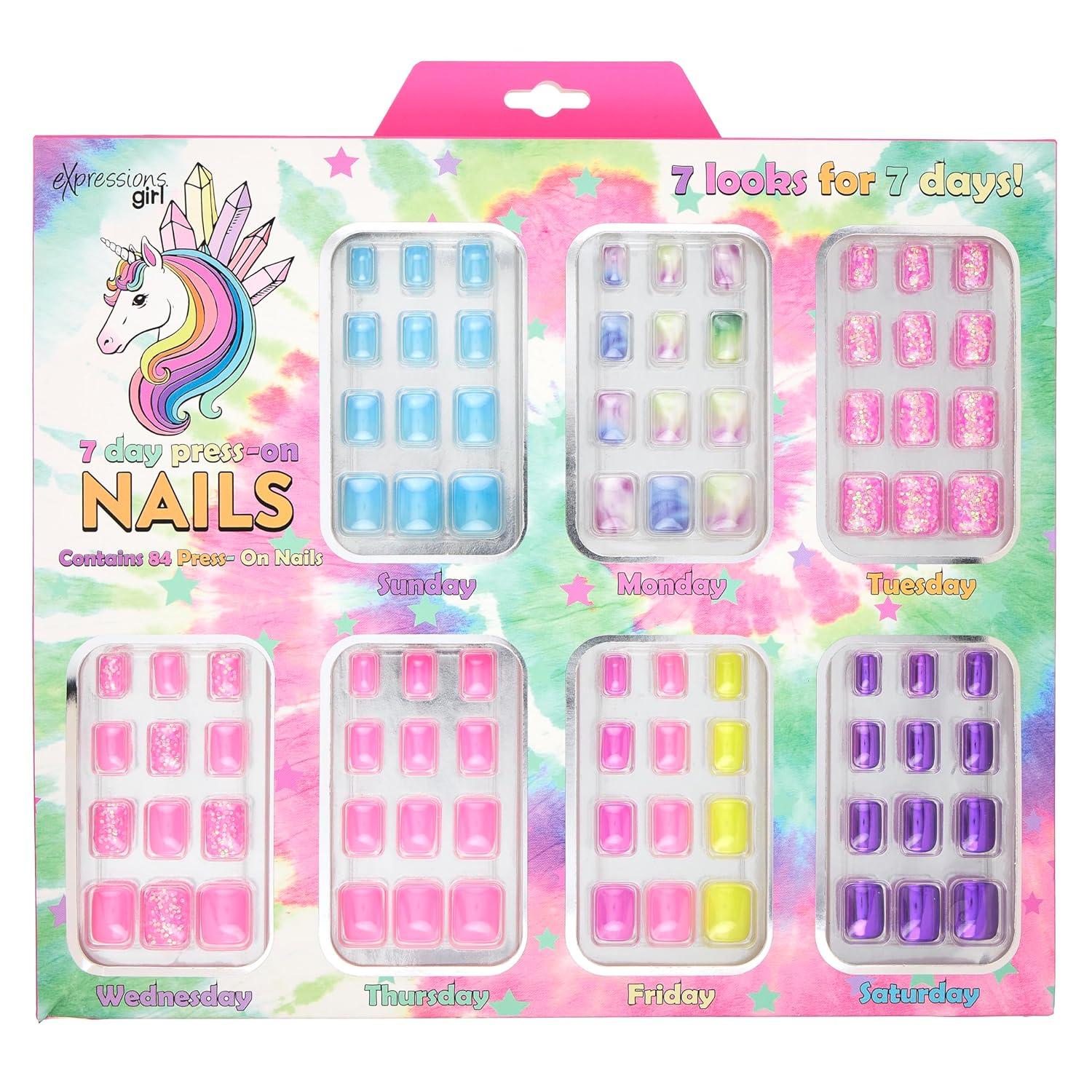 image:image7 Day Manicure Collection 84PC Press On Nail Set DayOfTheWeek Adhesive False Nails for Girls PARIS LOVE Collection Colorful Novelty Designs Stick On Nails For KidsUnicorn