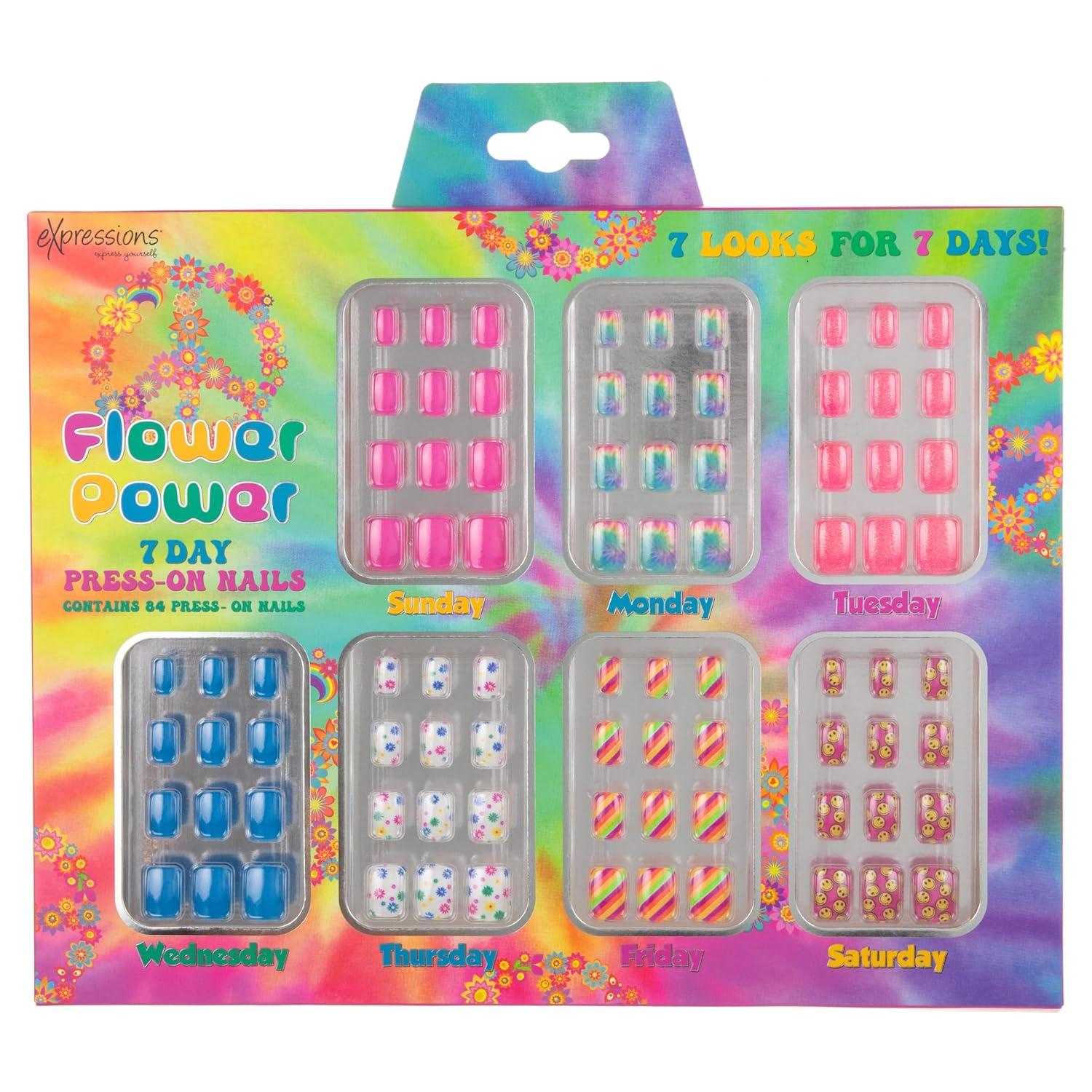 image:image7 Day Manicure Collection 84PC Press On Nail Set DayOfTheWeek Adhesive False Nails for Girls PARIS LOVE Collection Colorful Novelty Designs Stick On Nails For KidsFlower Power