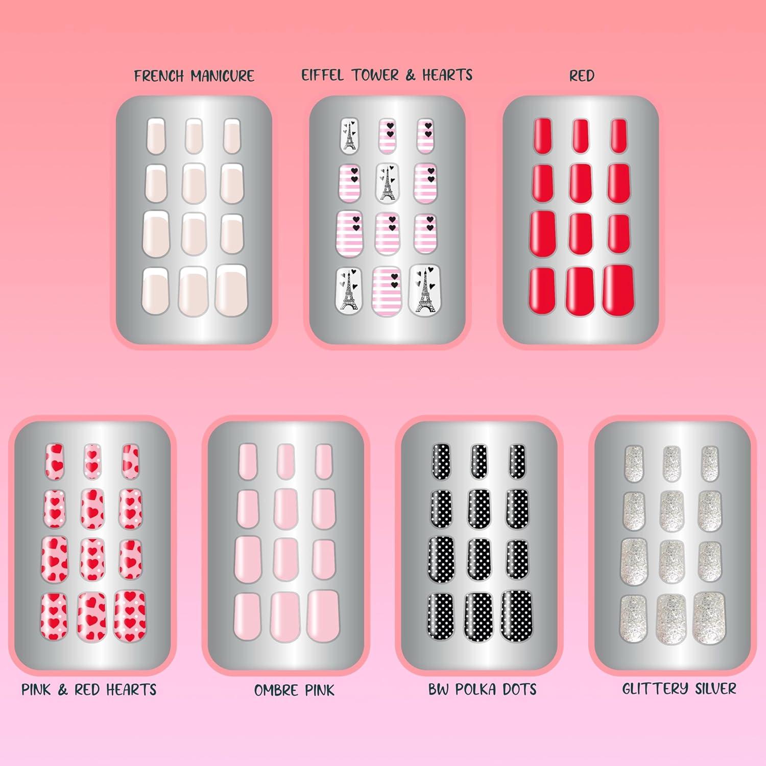image:image7 Day Manicure Collection 84PC Press On Nail Set DayOfTheWeek Adhesive False Nails for Girls PARIS LOVE Collection Colorful Novelty Designs Stick On Nails For KidsParis