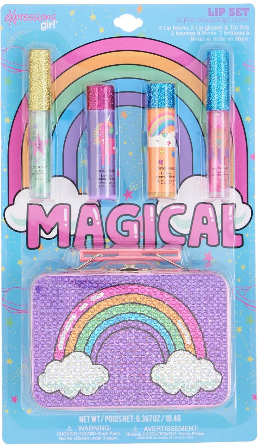 image:imageEXPRESSIONS 5pc Cosmetics Lip Kit For Kids wLip Glosses Lip Balms amp Tin Box Storage CaseI Believe in Unicorns HologrpahicWashable Non ToxicMagical