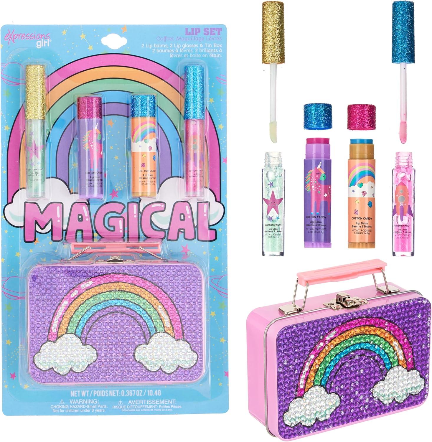 image:imageEXPRESSIONS 5pc Cosmetics Lip Kit For Kids wLip Glosses Lip Balms amp Tin Box Storage CaseI Believe in Unicorns HologrpahicWashable Non ToxicMagical