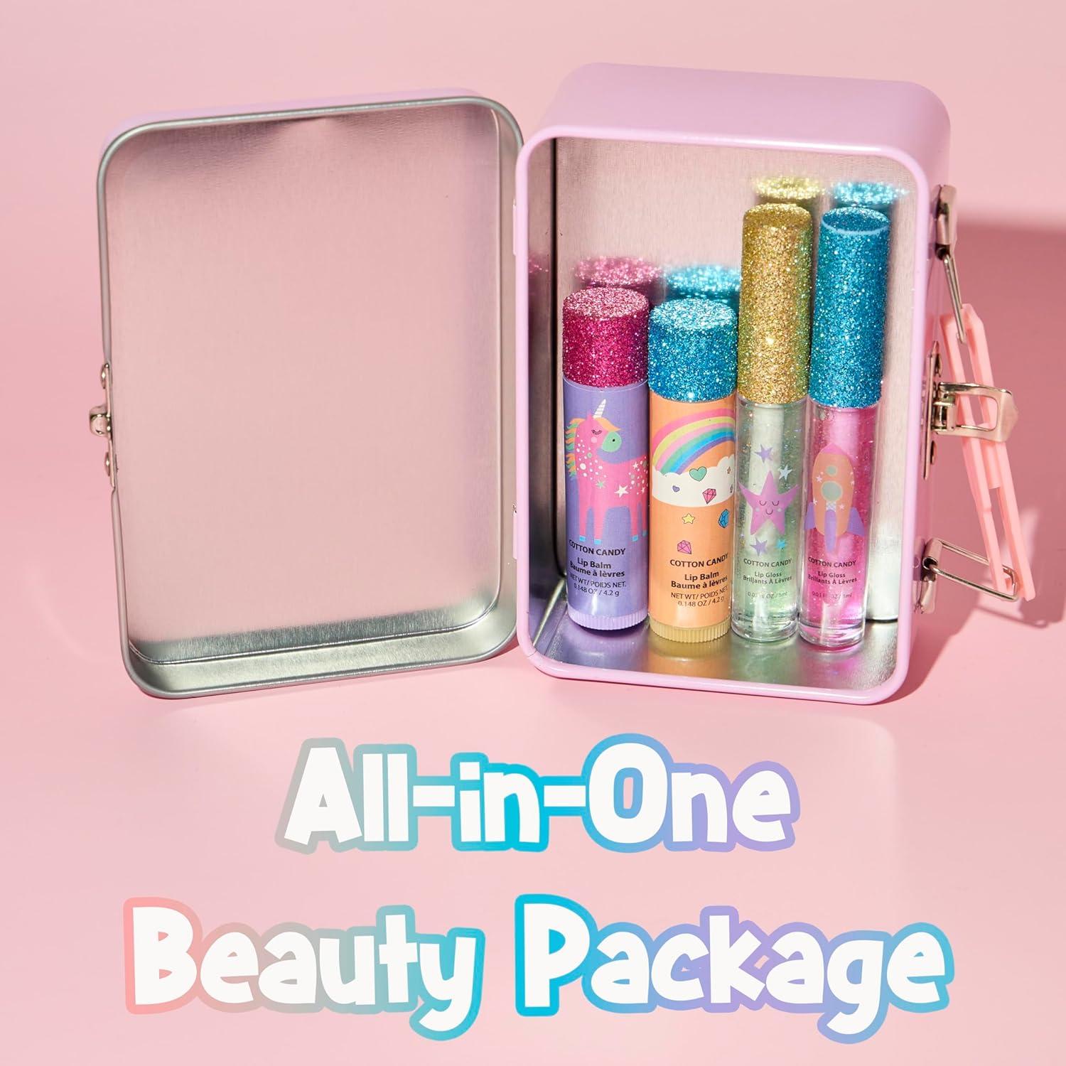 image:imageEXPRESSIONS 5pc Cosmetics Lip Kit For Kids wLip Glosses Lip Balms amp Tin Box Storage CaseI Believe in Unicorns HologrpahicWashable Non ToxicMagical