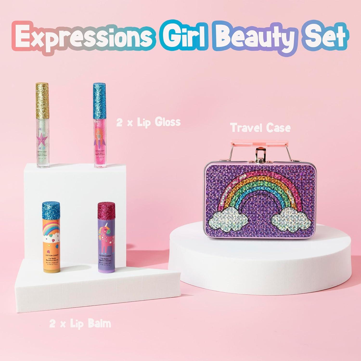 image:imageEXPRESSIONS 5pc Cosmetics Lip Kit For Kids wLip Glosses Lip Balms amp Tin Box Storage CaseI Believe in Unicorns HologrpahicWashable Non ToxicMagical