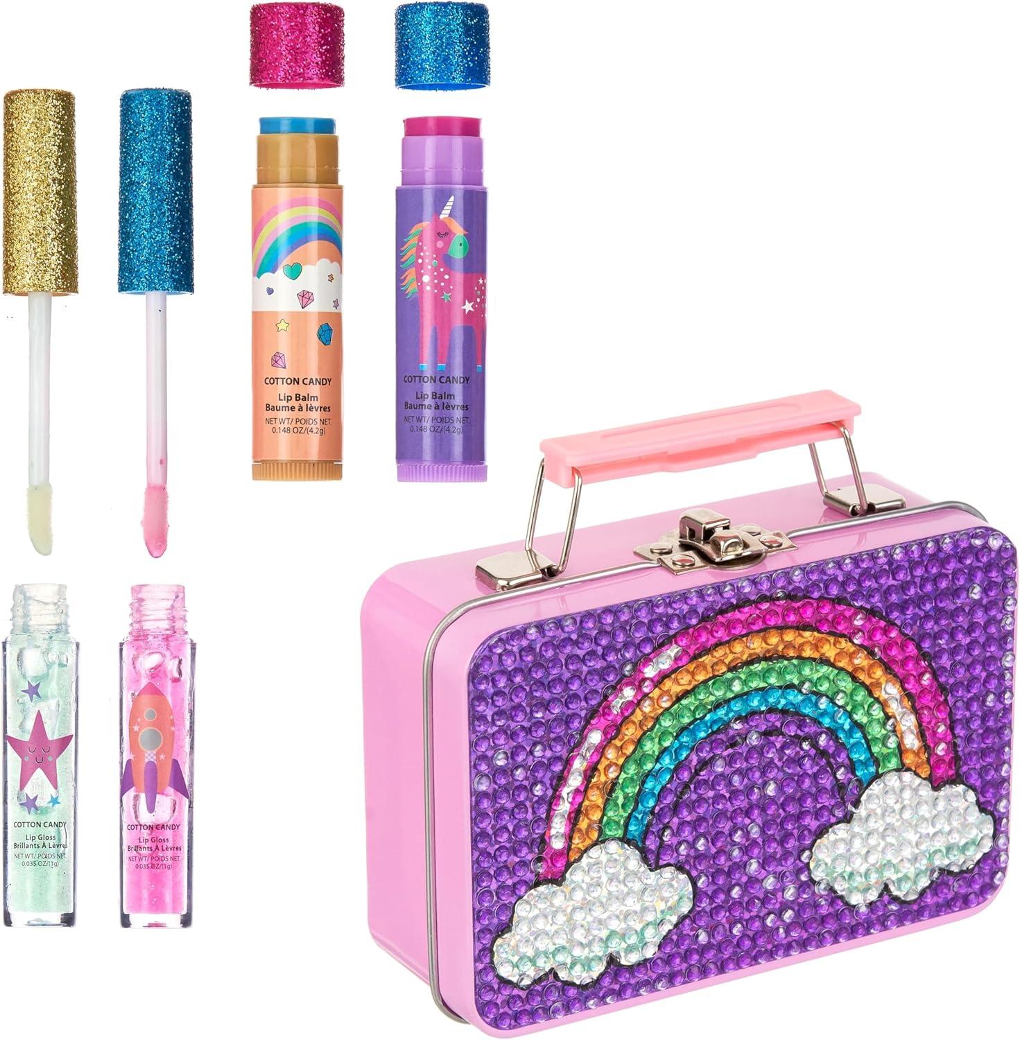 image:imageEXPRESSIONS 5pc Cosmetics Lip Kit For Kids wLip Glosses Lip Balms amp Tin Box Storage CaseI Believe in Unicorns HologrpahicWashable Non ToxicMagical