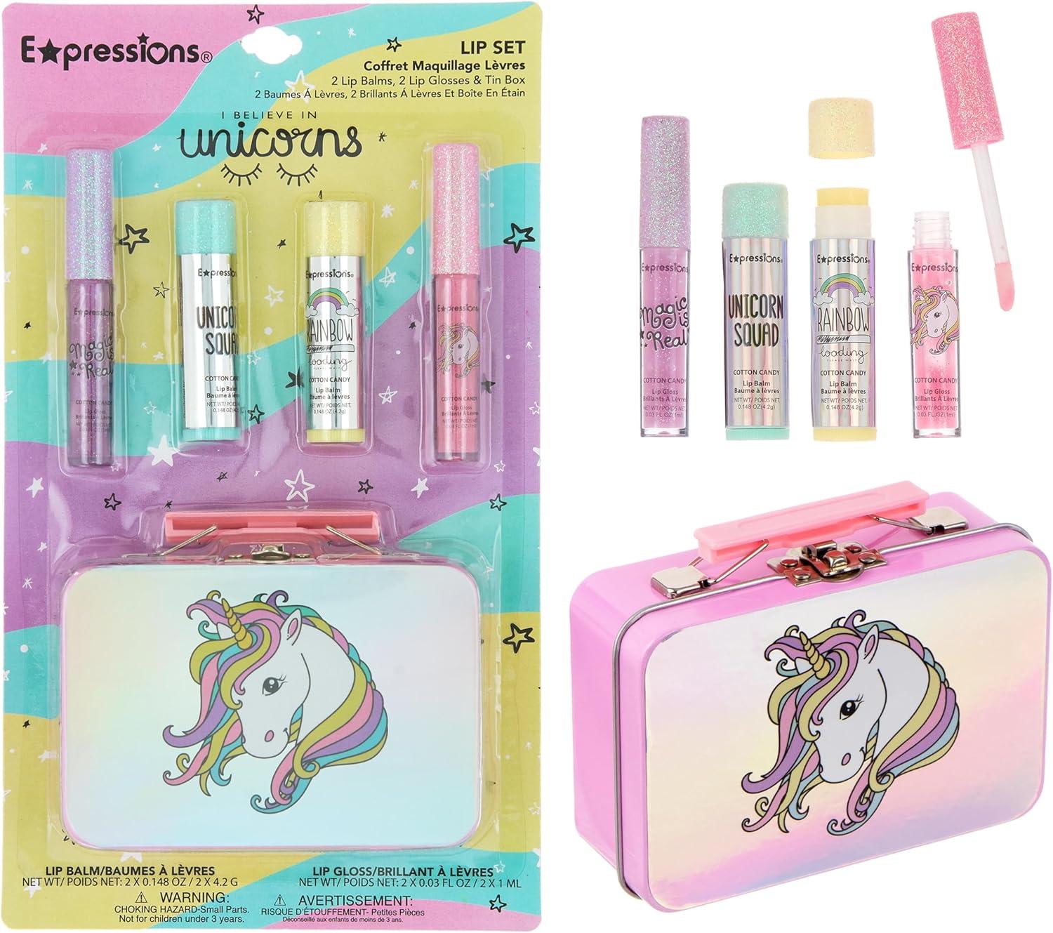 image:imageEXPRESSIONS 5pc Cosmetics Lip Kit For Kids wLip Glosses Lip Balms amp Tin Box Storage CaseI Believe in Unicorns HologrpahicWashable Non ToxicUnicorns