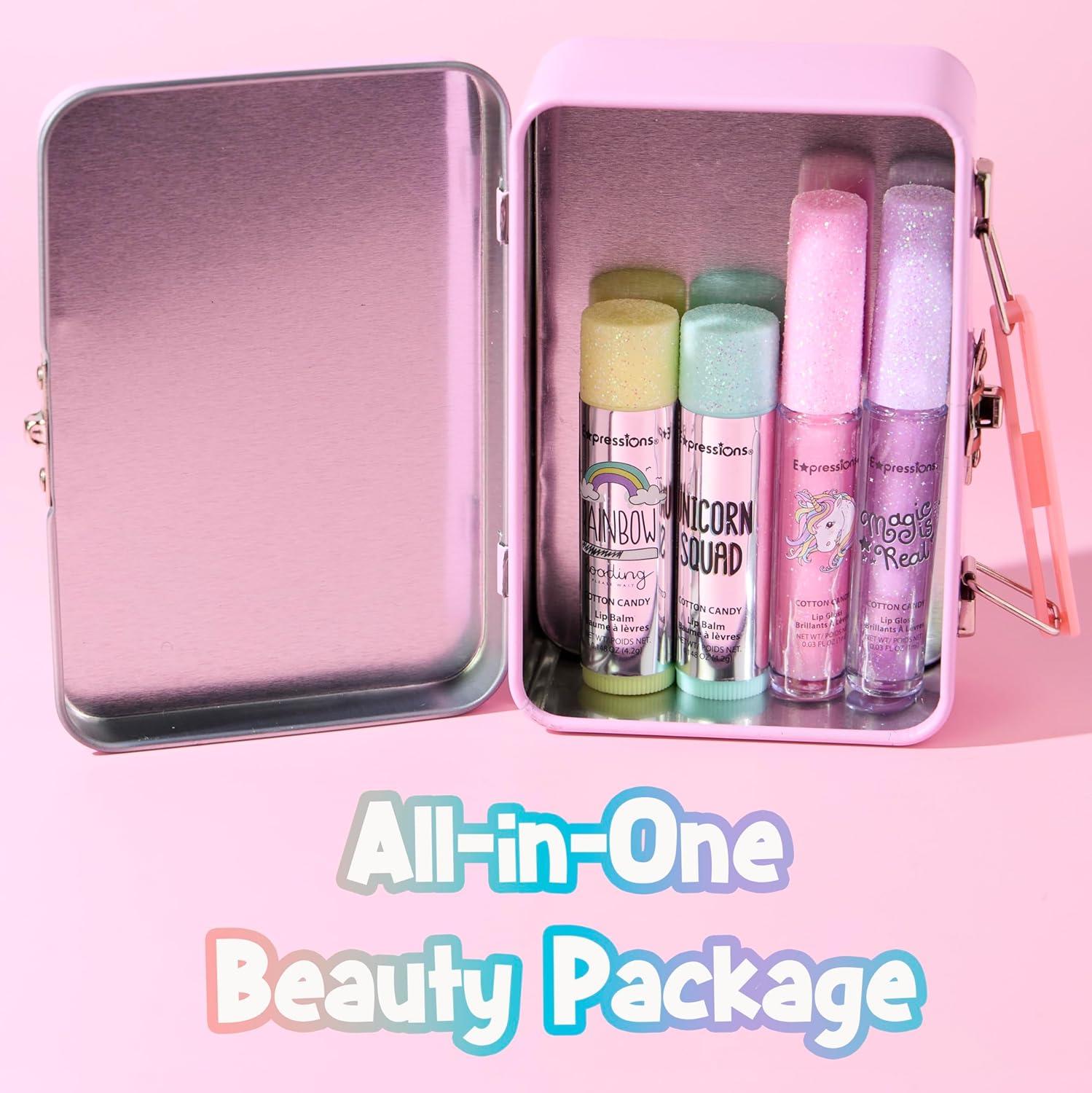 image:imageEXPRESSIONS 5pc Cosmetics Lip Kit For Kids wLip Glosses Lip Balms amp Tin Box Storage CaseI Believe in Unicorns HologrpahicWashable Non ToxicUnicorns