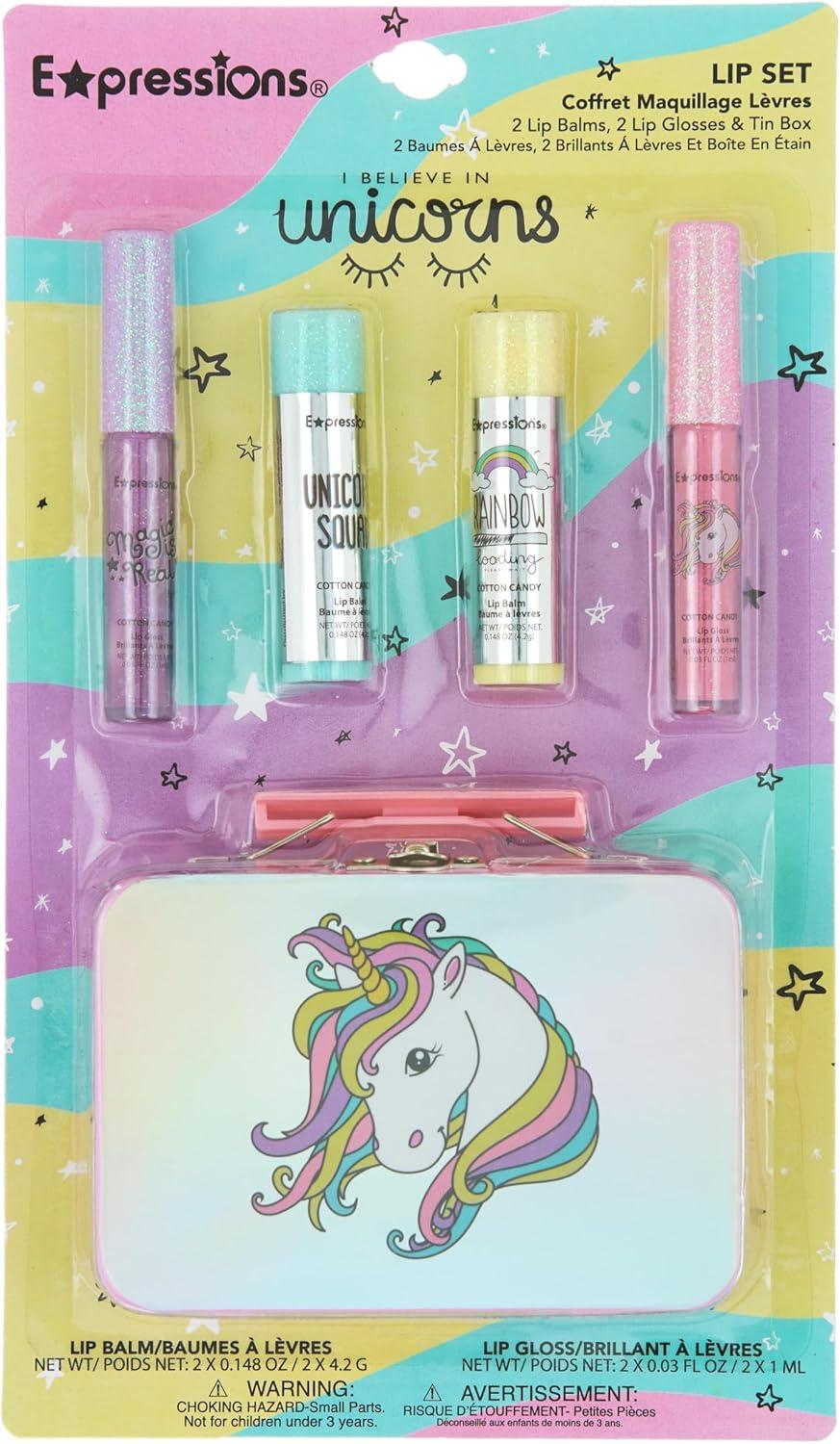 image:imageEXPRESSIONS 5pc Cosmetics Lip Kit For Kids wLip Glosses Lip Balms amp Tin Box Storage CaseI Believe in Unicorns HologrpahicWashable Non ToxicUnicorns
