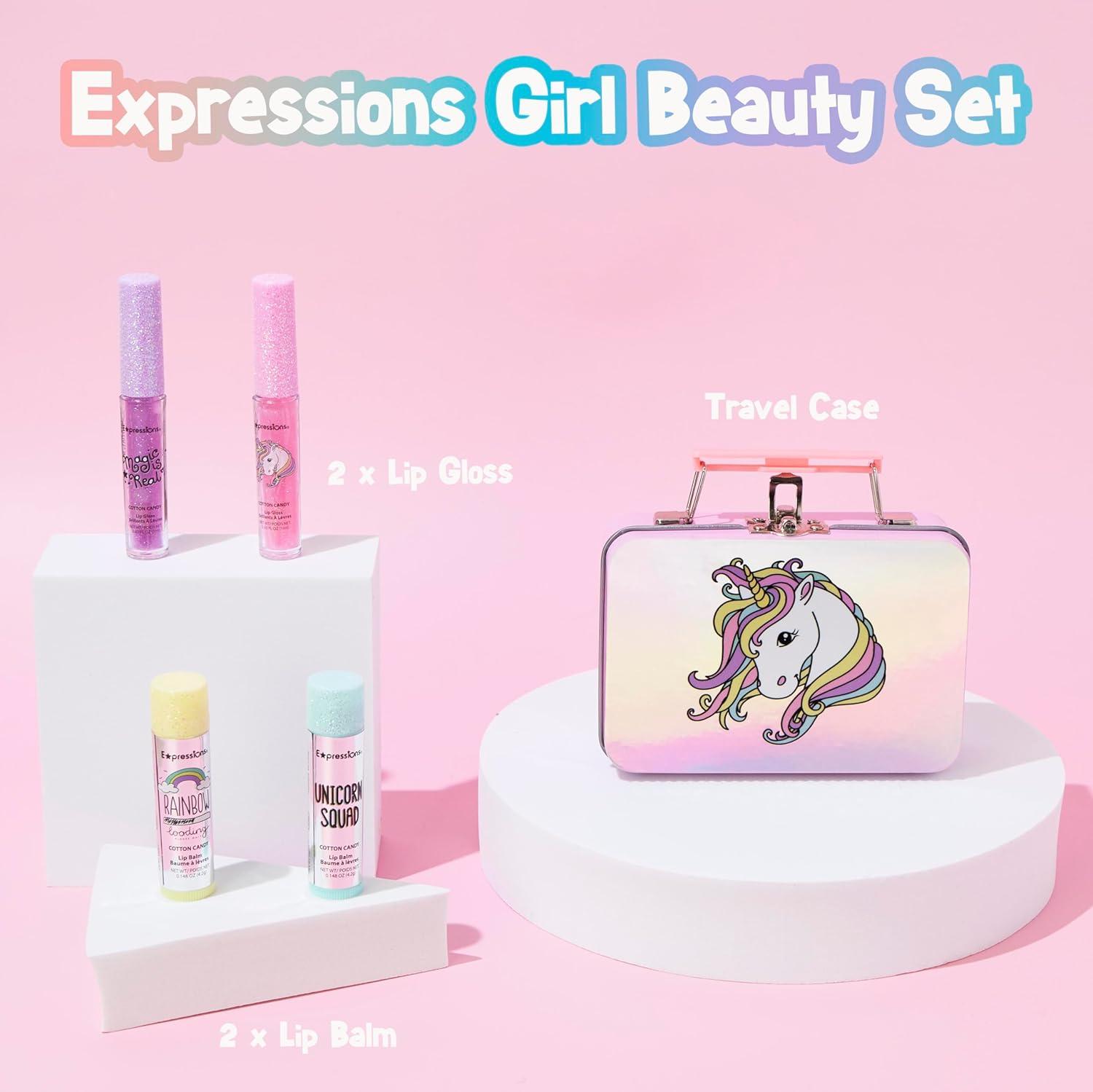 image:imageEXPRESSIONS 5pc Cosmetics Lip Kit For Kids wLip Glosses Lip Balms amp Tin Box Storage CaseI Believe in Unicorns HologrpahicWashable Non ToxicUnicorns