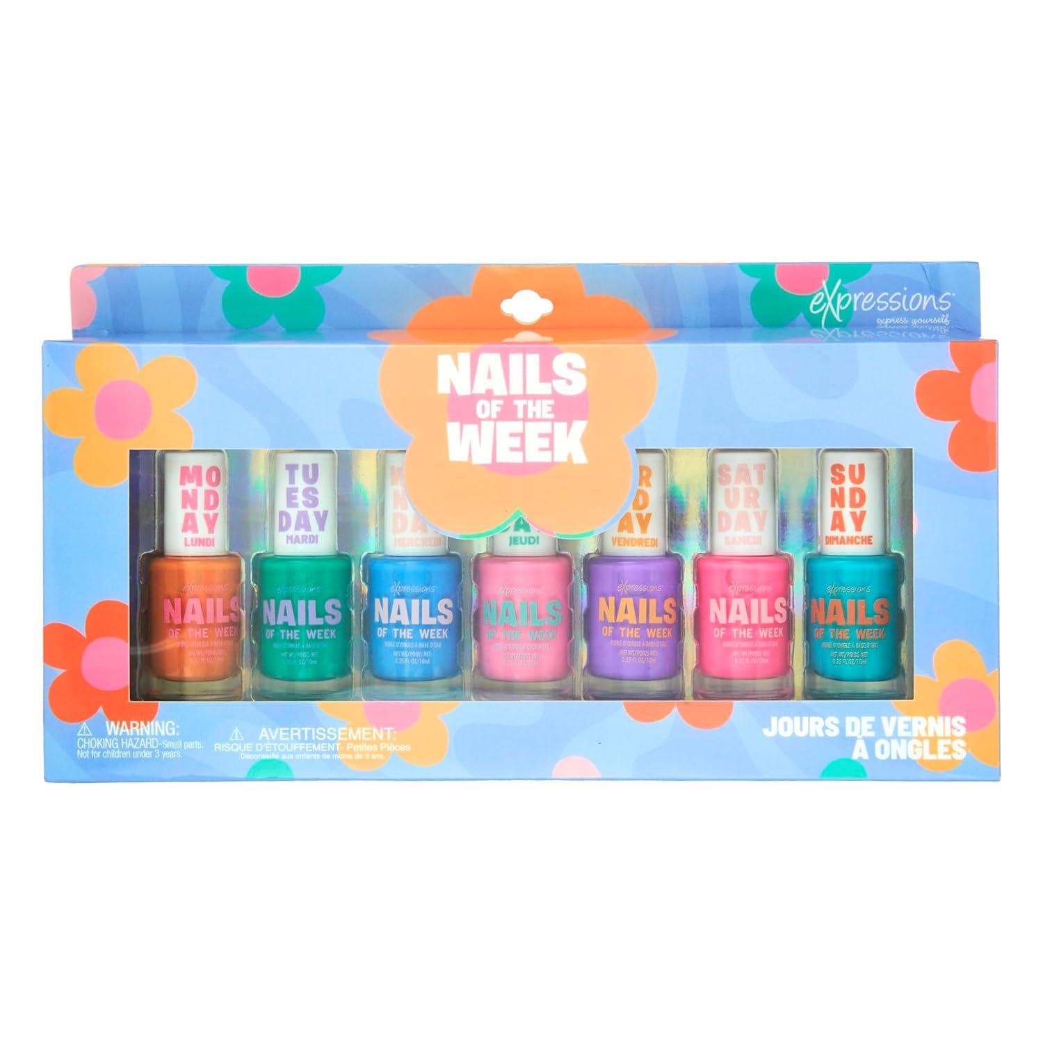 image:imageEXPRESSIONS 7pc Nails Of The Week Kit Colorful Nail Polish Set For Girls Assorted Bright amp Vibrant Nail Polishes WaterBased Nail Polish Safe and Non Toxic Manicure Set amp Pedicure KitBright