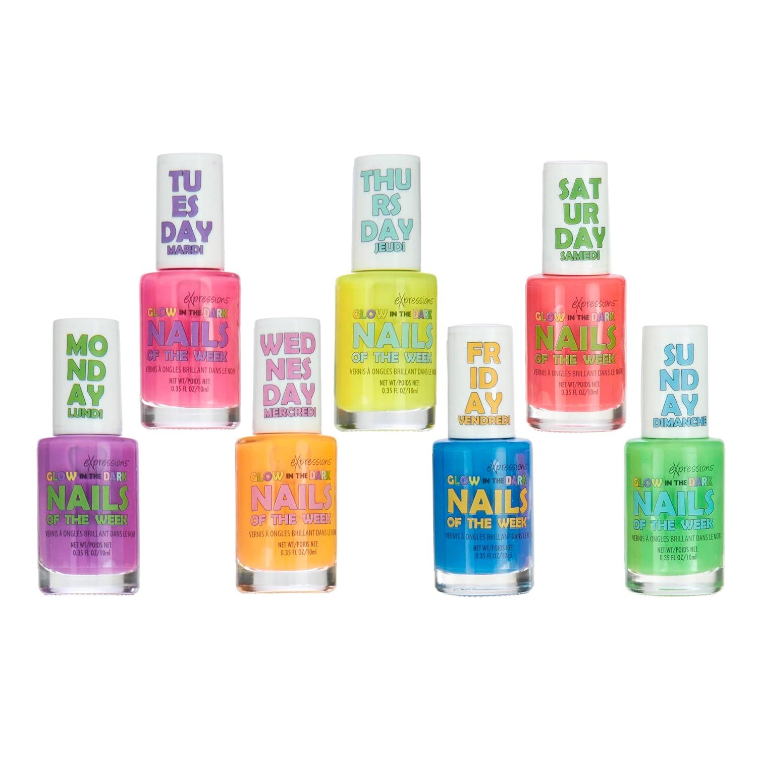 image:imageEXPRESSIONS 7pc Nails Of The Week Kit Colorful Nail Polish Set For Girls Assorted Bright amp Vibrant Nail Polishes WaterBased Nail Polish Safe and Non Toxic Manicure Set amp Pedicure KitGlowIndark