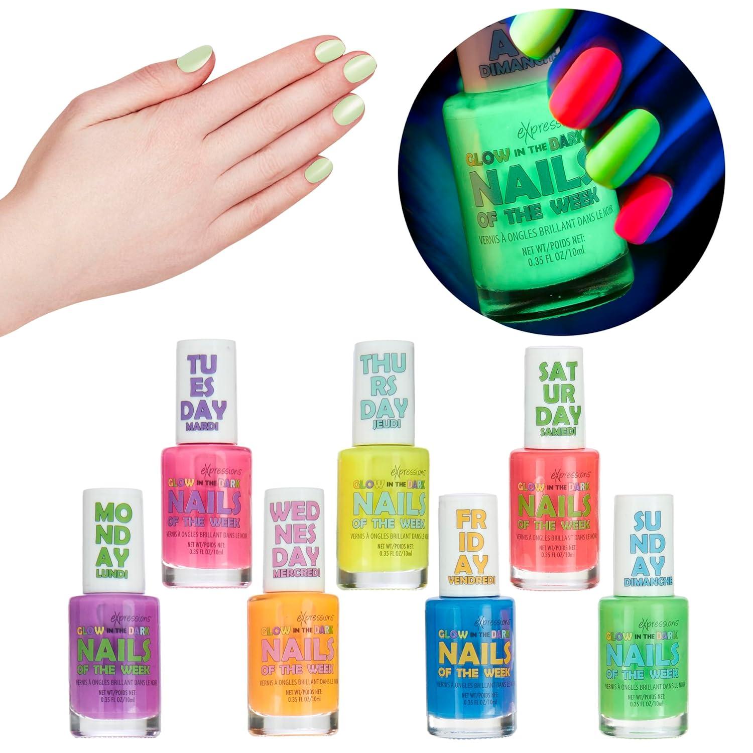 image:imageEXPRESSIONS 7pc Nails Of The Week Kit Colorful Nail Polish Set For Girls Assorted Bright amp Vibrant Nail Polishes WaterBased Nail Polish Safe and Non Toxic Manicure Set amp Pedicure KitGlowIndark