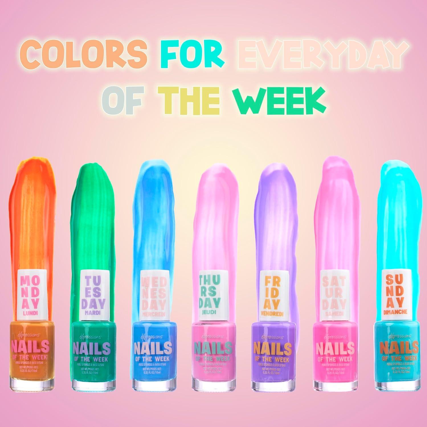 image:imageEXPRESSIONS 7pc Nails Of The Week Kit Colorful Nail Polish Set For Girls Assorted Bright amp Vibrant Nail Polishes WaterBased Nail Polish Safe and Non Toxic Manicure Set amp Pedicure KitBright