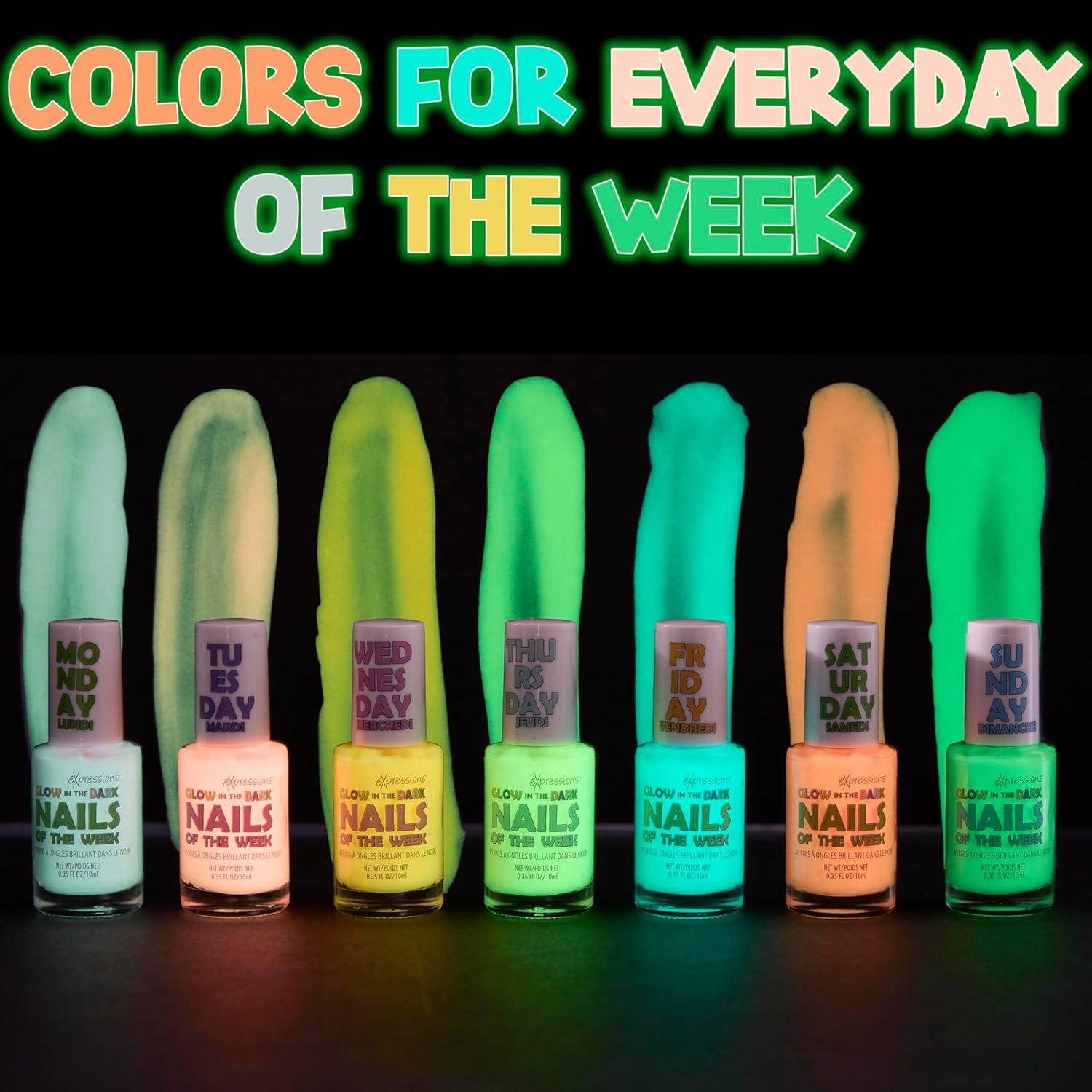 image:imageEXPRESSIONS 7pc Nails Of The Week Kit Colorful Nail Polish Set For Girls Assorted Bright amp Vibrant Nail Polishes WaterBased Nail Polish Safe and Non Toxic Manicure Set amp Pedicure KitGlowIndark