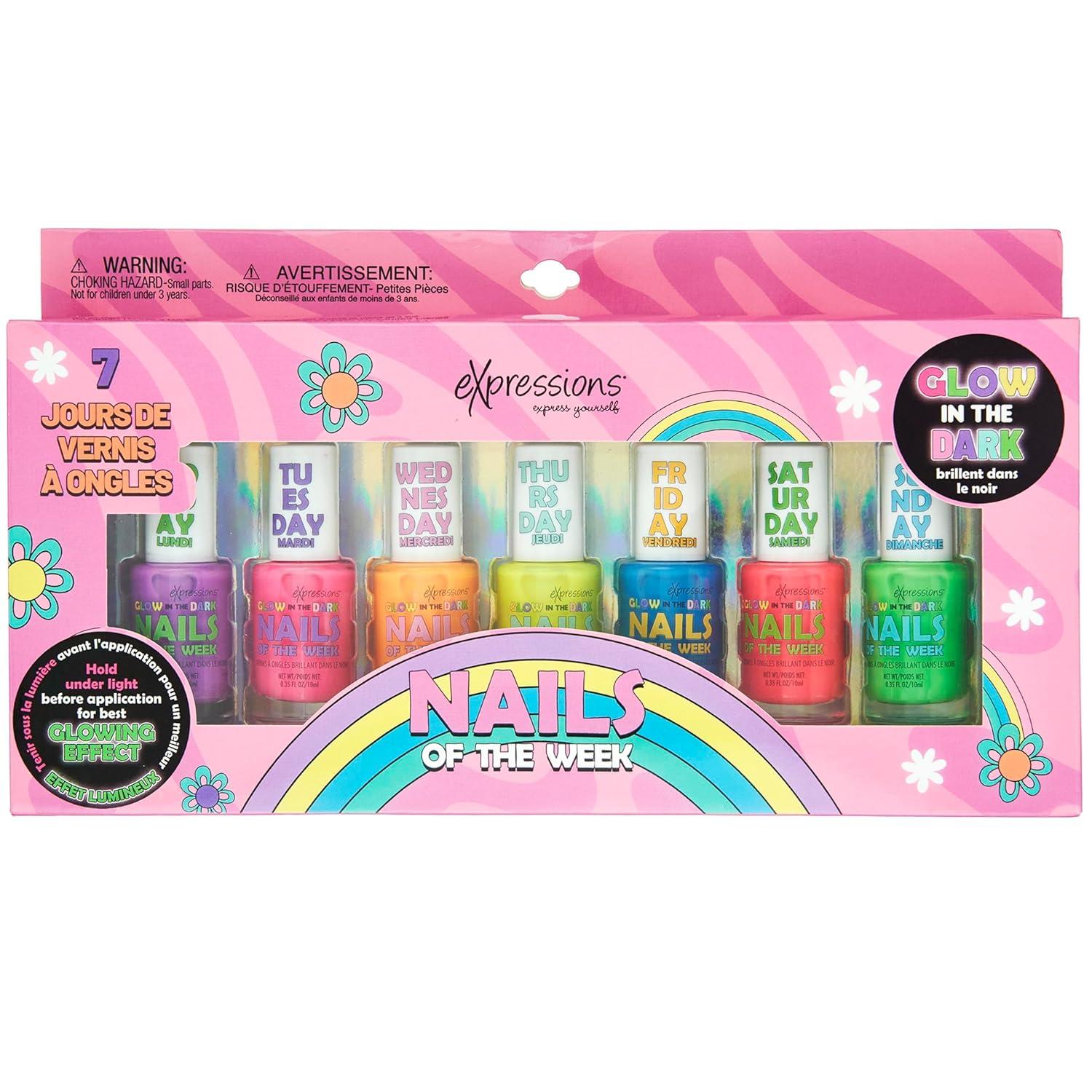 image:imageEXPRESSIONS 7pc Nails Of The Week Kit Colorful Nail Polish Set For Girls Assorted Bright amp Vibrant Nail Polishes WaterBased Nail Polish Safe and Non Toxic Manicure Set amp Pedicure KitGlowIndark