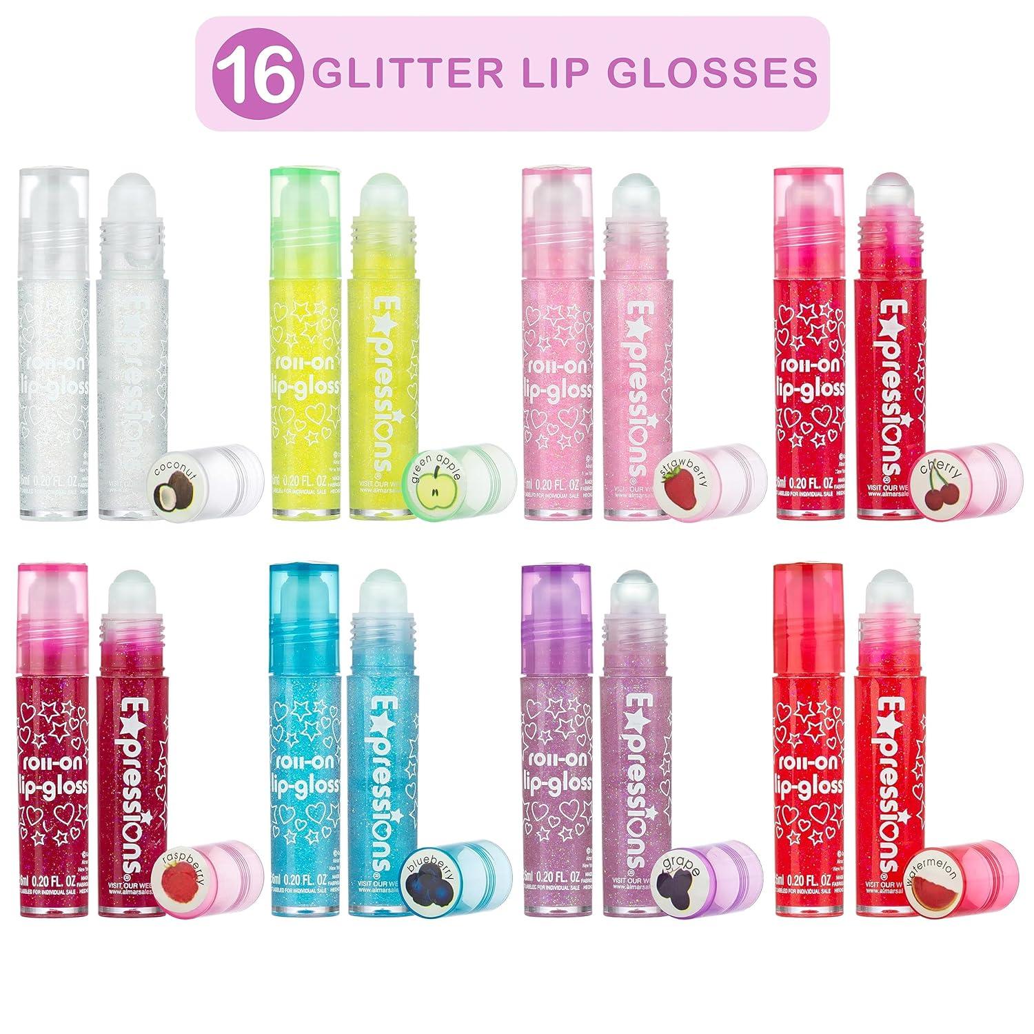 image:imageEXPRESSIONS 8pc RollerBall Glitter Lip Gloss Set 8 Assorted Fruit Flavored Roll On Rollerball Lip Gloss for Kids Safe Non Toxic Kids Makeup Set03 Fl Oz Pack of 16