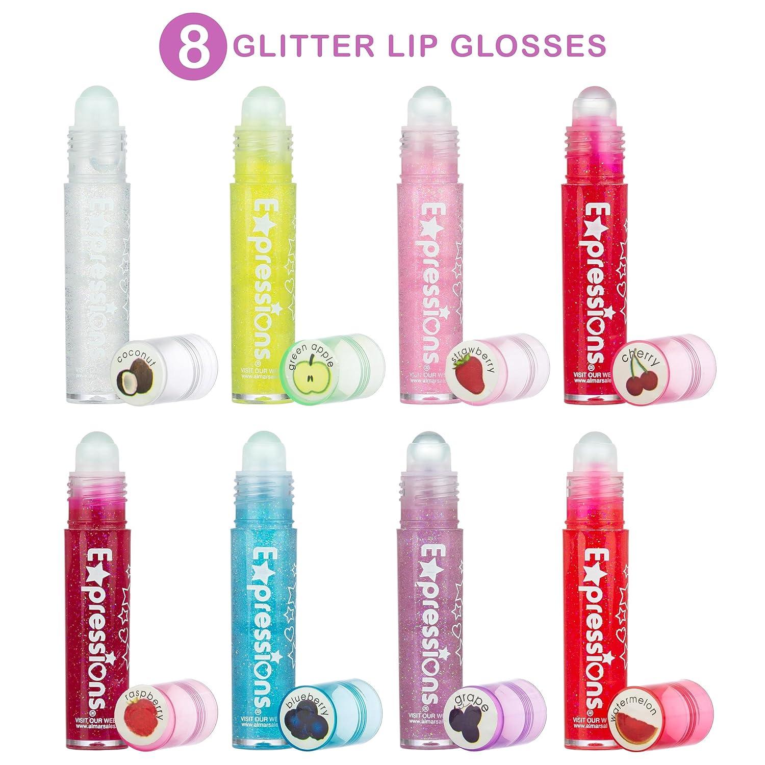 image:imageEXPRESSIONS 8pc RollerBall Glitter Lip Gloss Set 8 Assorted Fruit Flavored Roll On Rollerball Lip Gloss for Kids Safe Non Toxic Kids Makeup Set03 Fl Oz Pack of 8
