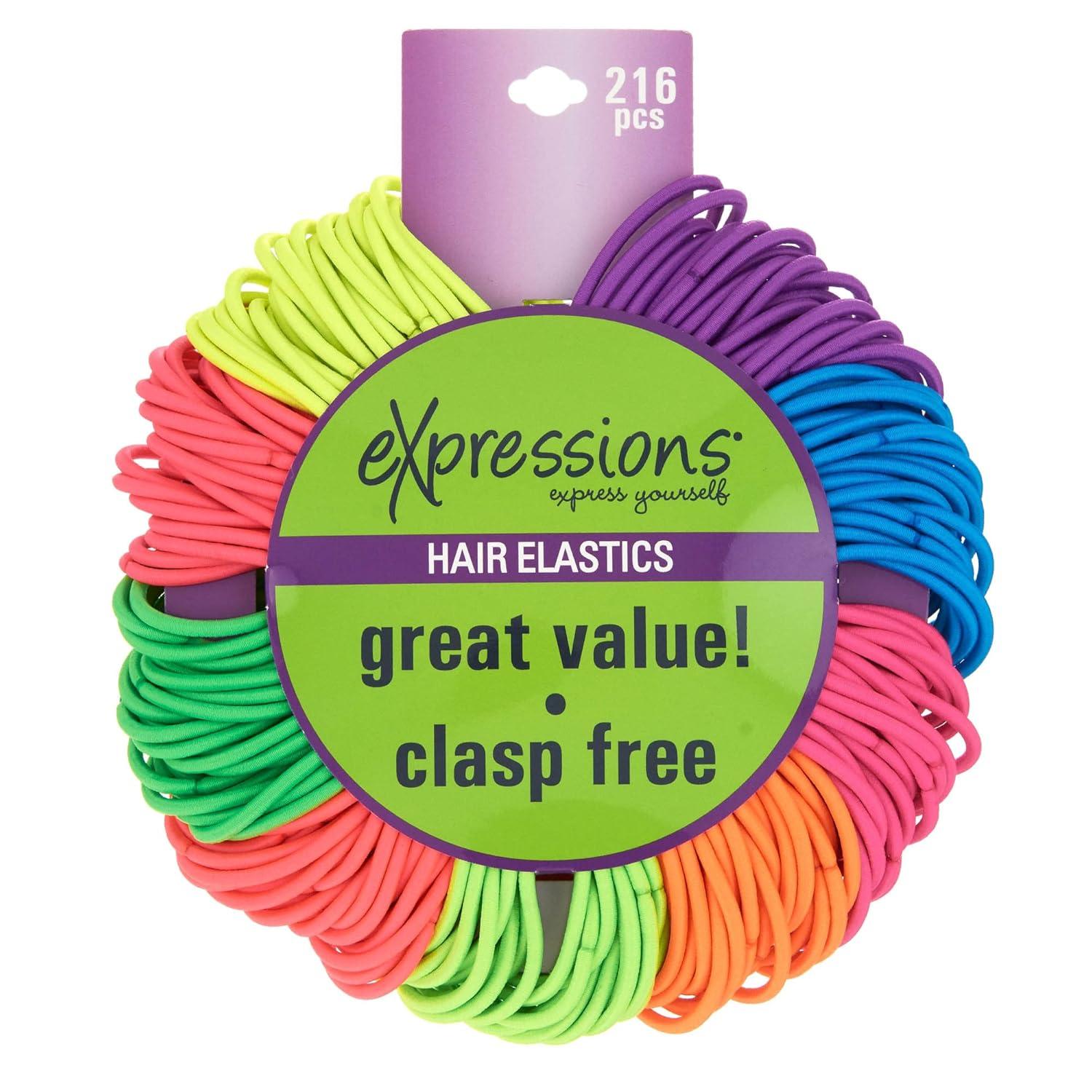 image:imageExpressions 216Piece Hair Ties 4mm Elastics Classic Black Value Pack Durable No Metal Bands for Womens Ponytails Thick Curly and All Hair TypesNEON