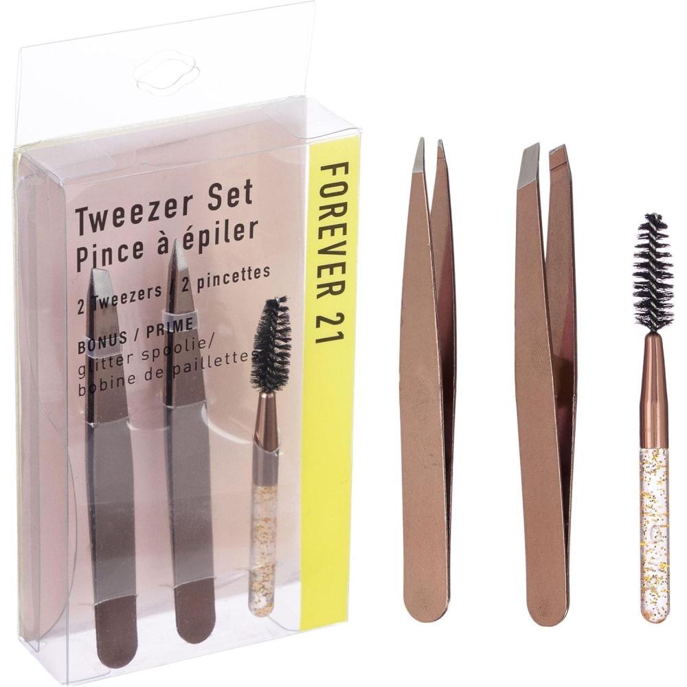 image:image3pc Black Tweezer Set amp Glitter Spoolie  Hair Removal TweezersAngled and Pointed Tweezer Set Precision Tweezers amp Eyelash Spoolie SetRose Gold