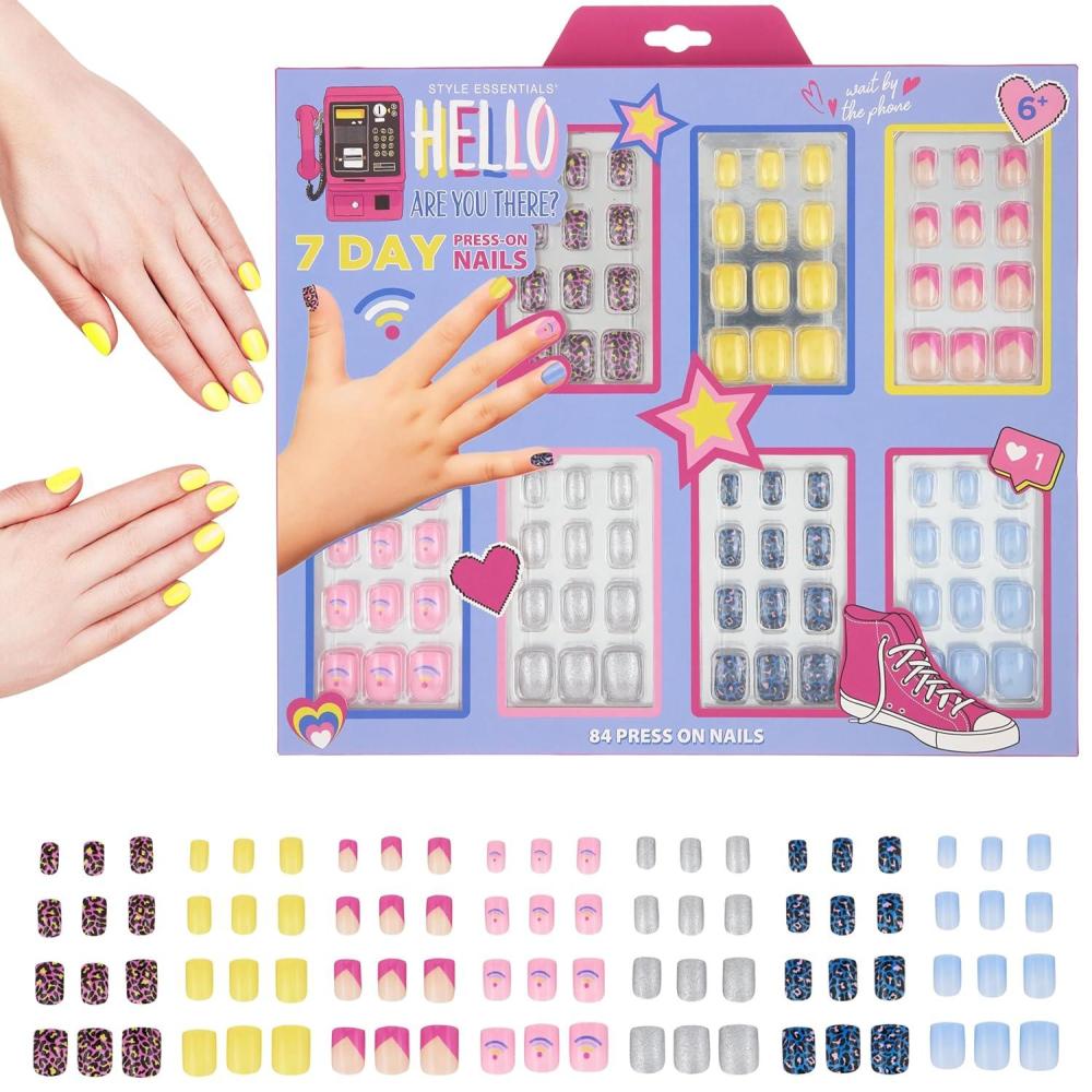 image:image7 Day Manicure Collection 84PC Press On Nail Set DayOfTheWeek Adhesive False Nails for Girls PARIS LOVE Collection Colorful Novelty Designs Stick On Nails For KidsHELLO